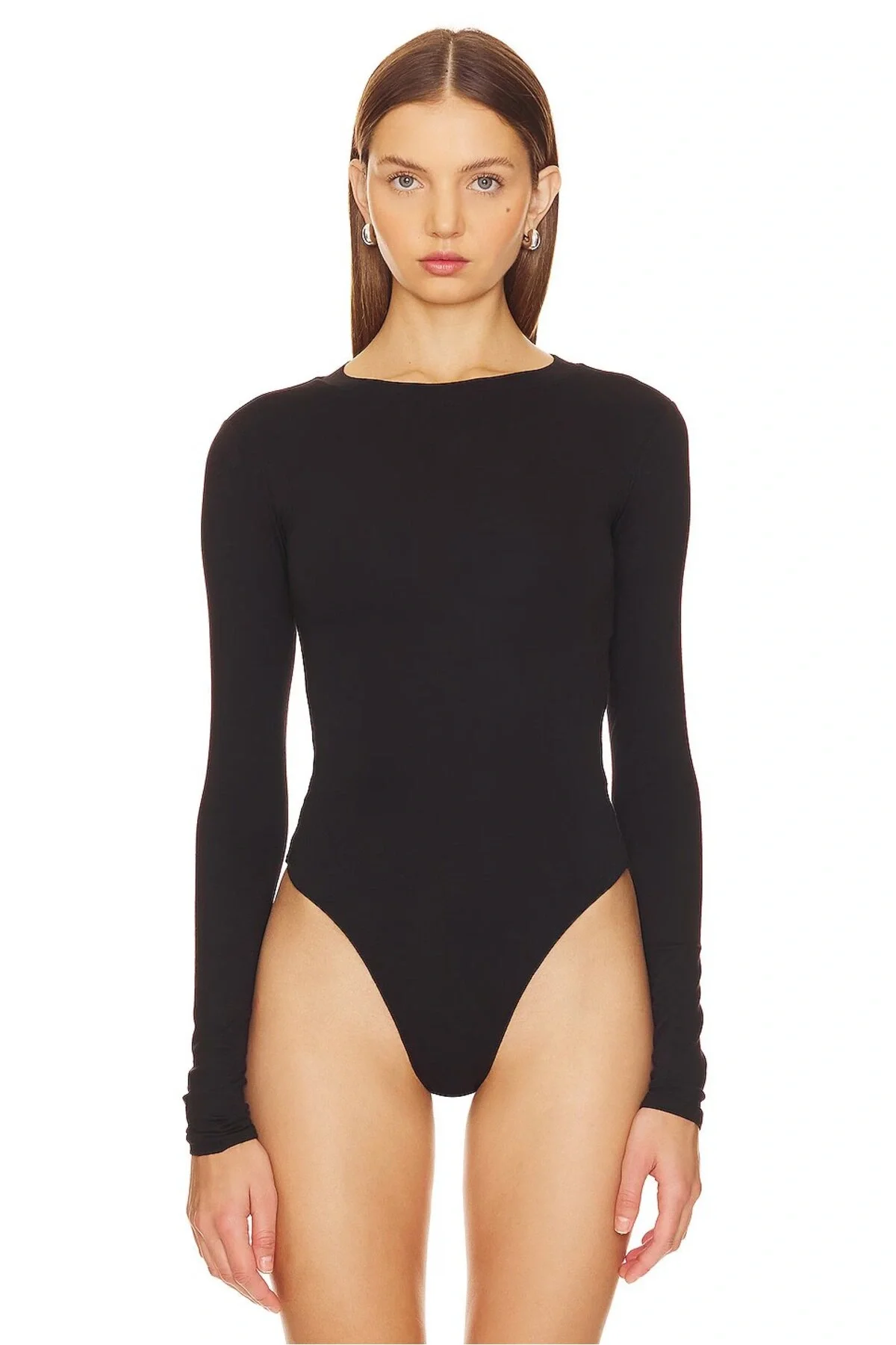 Kadın Siyah Kayık Yaka Uzun Kollu Çift Katlı Tanga Kesim Sandy Bodysuit