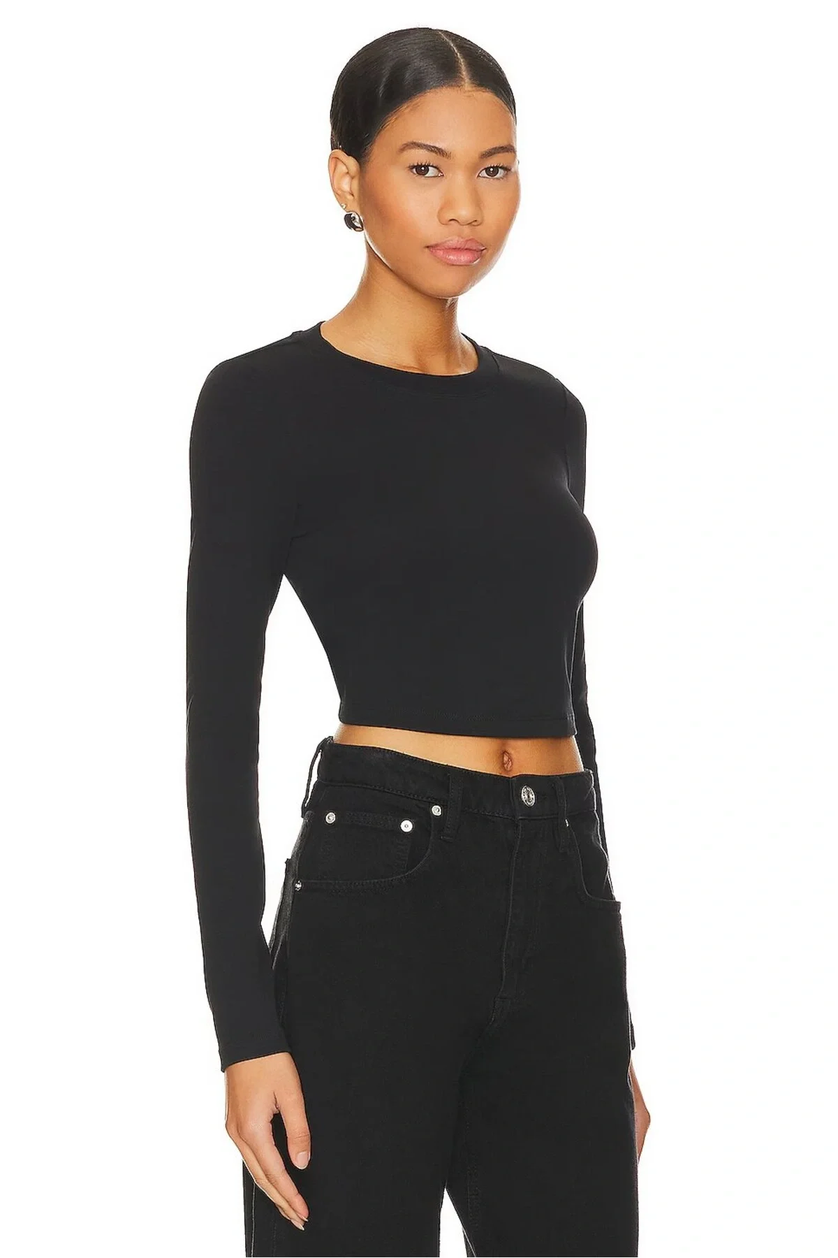 Kadın Siyah Bisiklet Yaka Uzun Kollu Çift Katlı Sandy Kumaş Crop Bluz