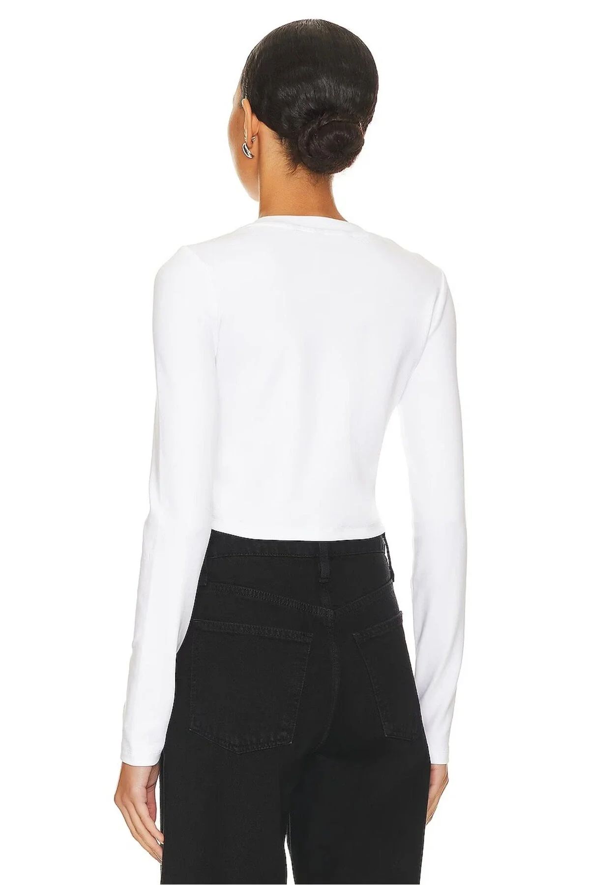 Kadın Beyaz Bisiklet Yaka Uzun Kollu Çift Katlı Sandy Kumaş Crop Bluz