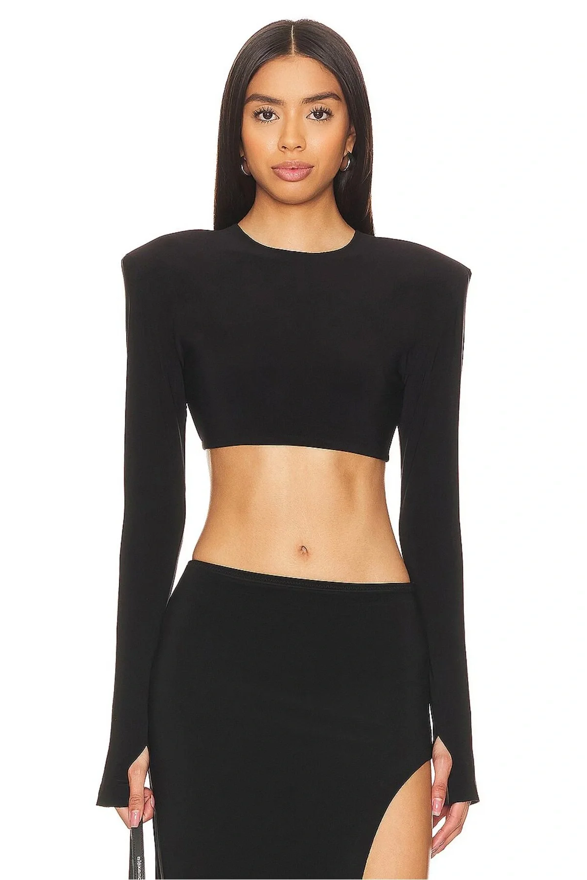 Kadın Bisiklet Yaka Uzun Kol Parmak Geçmeli Vatka Detaylı Crop