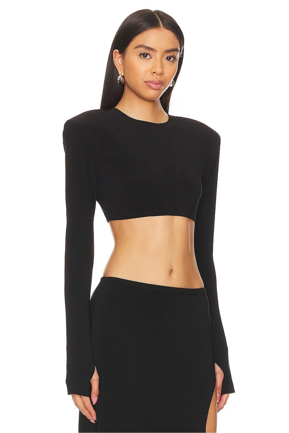 Kadın Bisiklet Yaka Uzun Kol Parmak Geçmeli Vatka Detaylı Crop