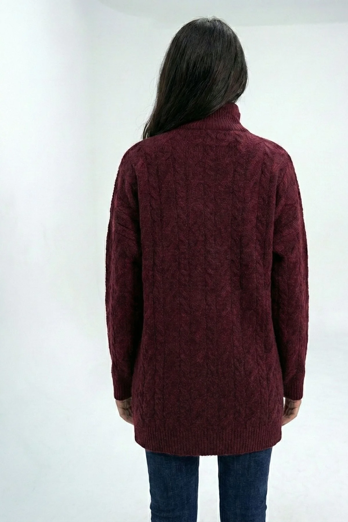 Kadın Bordo Fermuarlı Saç Örgü Desenli Oversize Triko Kazak
