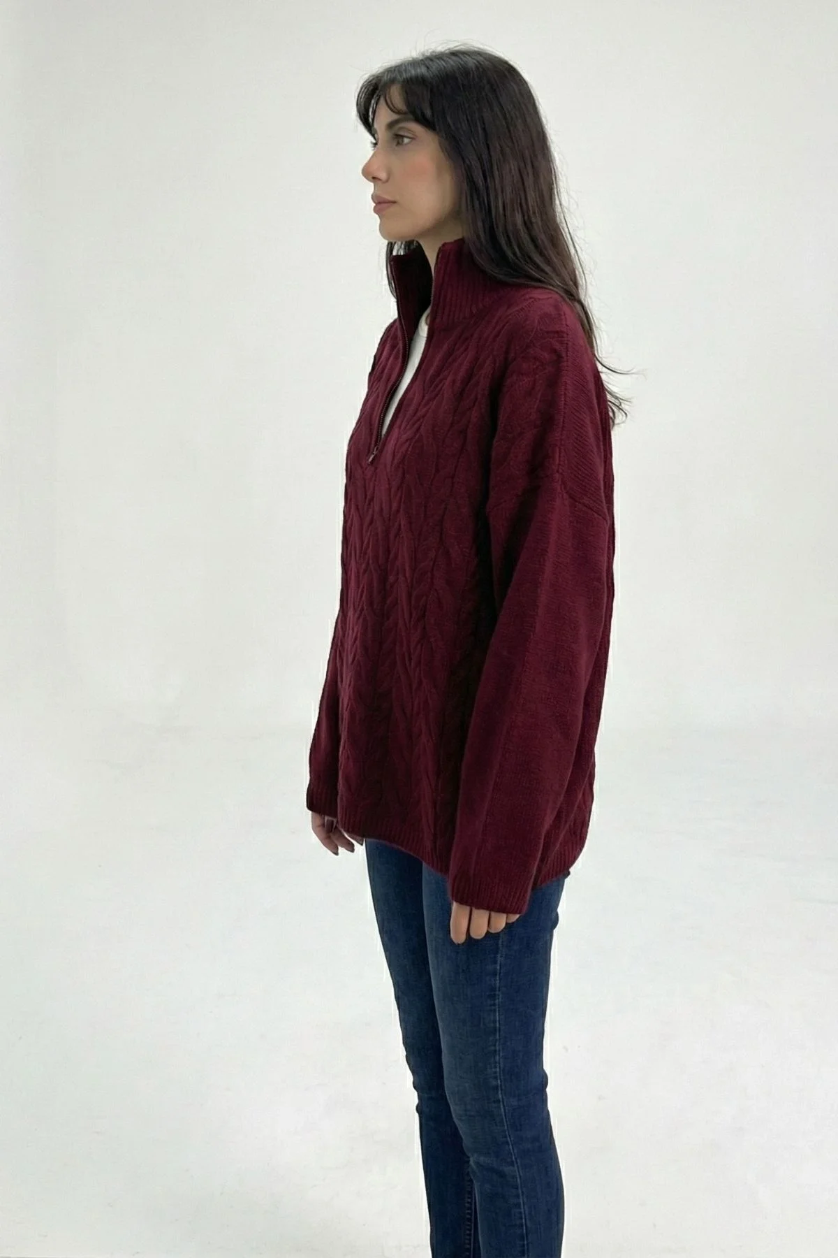 Kadın Bordo Fermuarlı Saç Örgü Desenli Oversize Triko Kazak