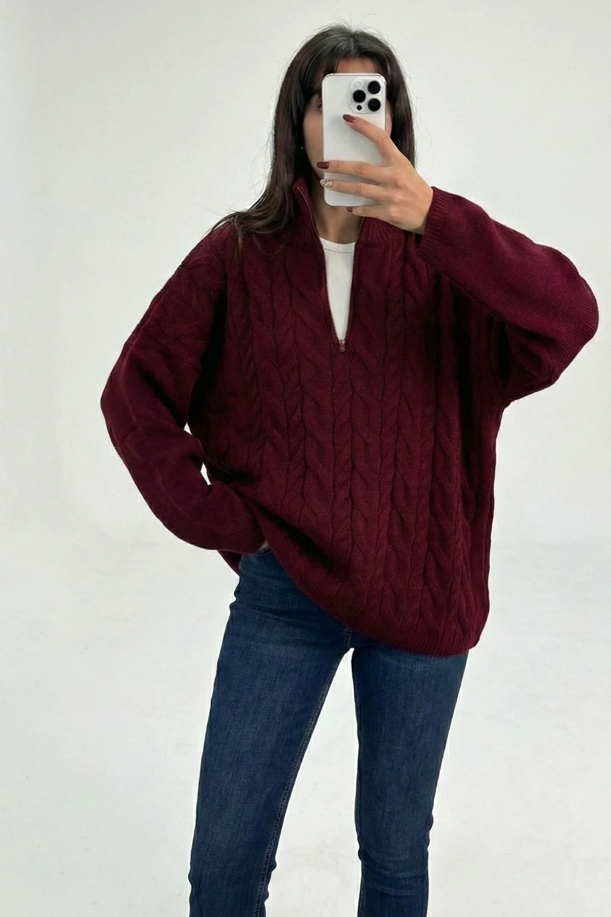 Kadın Bordo Fermuarlı Saç Örgü Desenli Oversize Triko Kazak