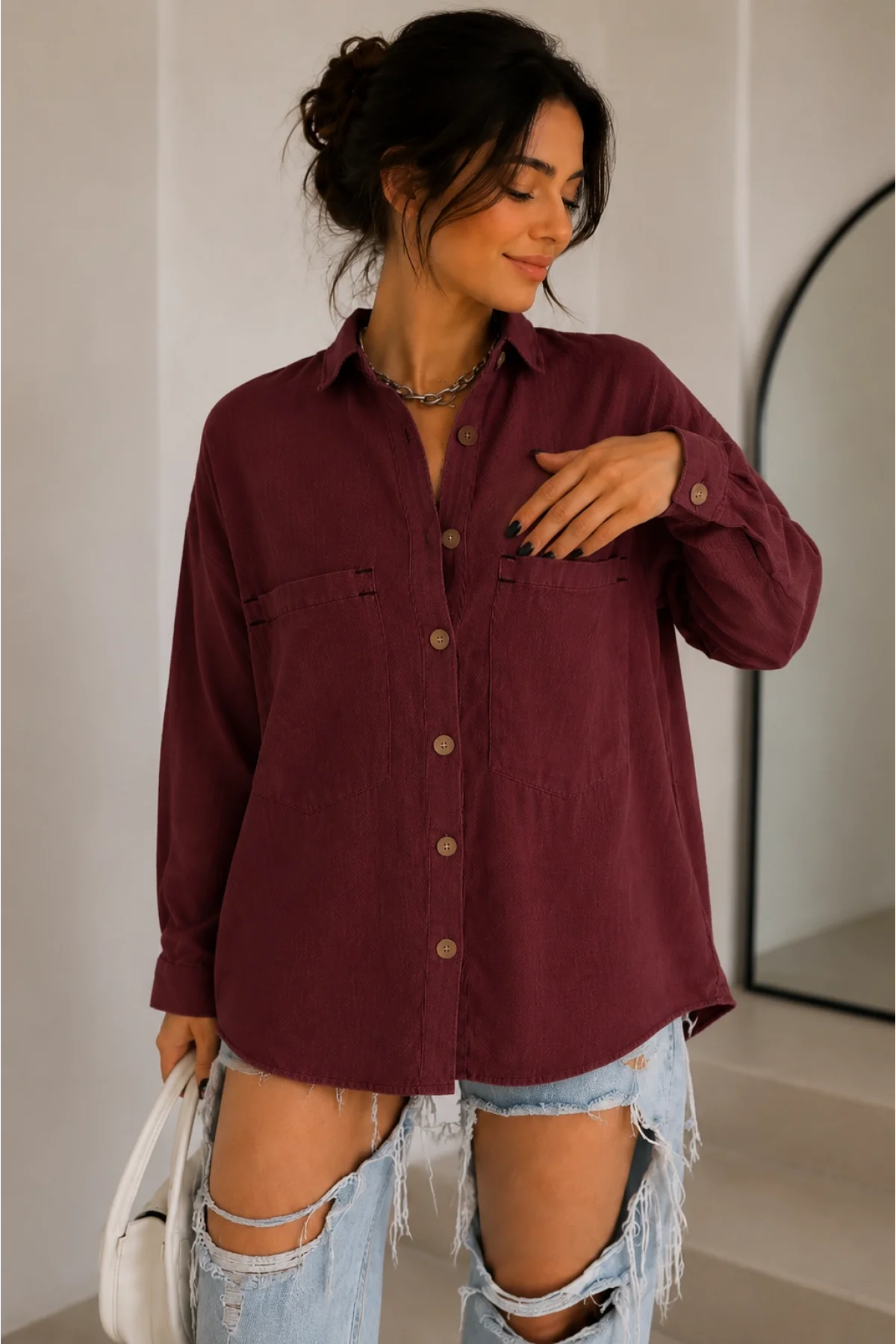 Kadın Bordo Pamuklu Keten Çift Cepli Ahşap Düğme Pinterest Oversize Gömlek