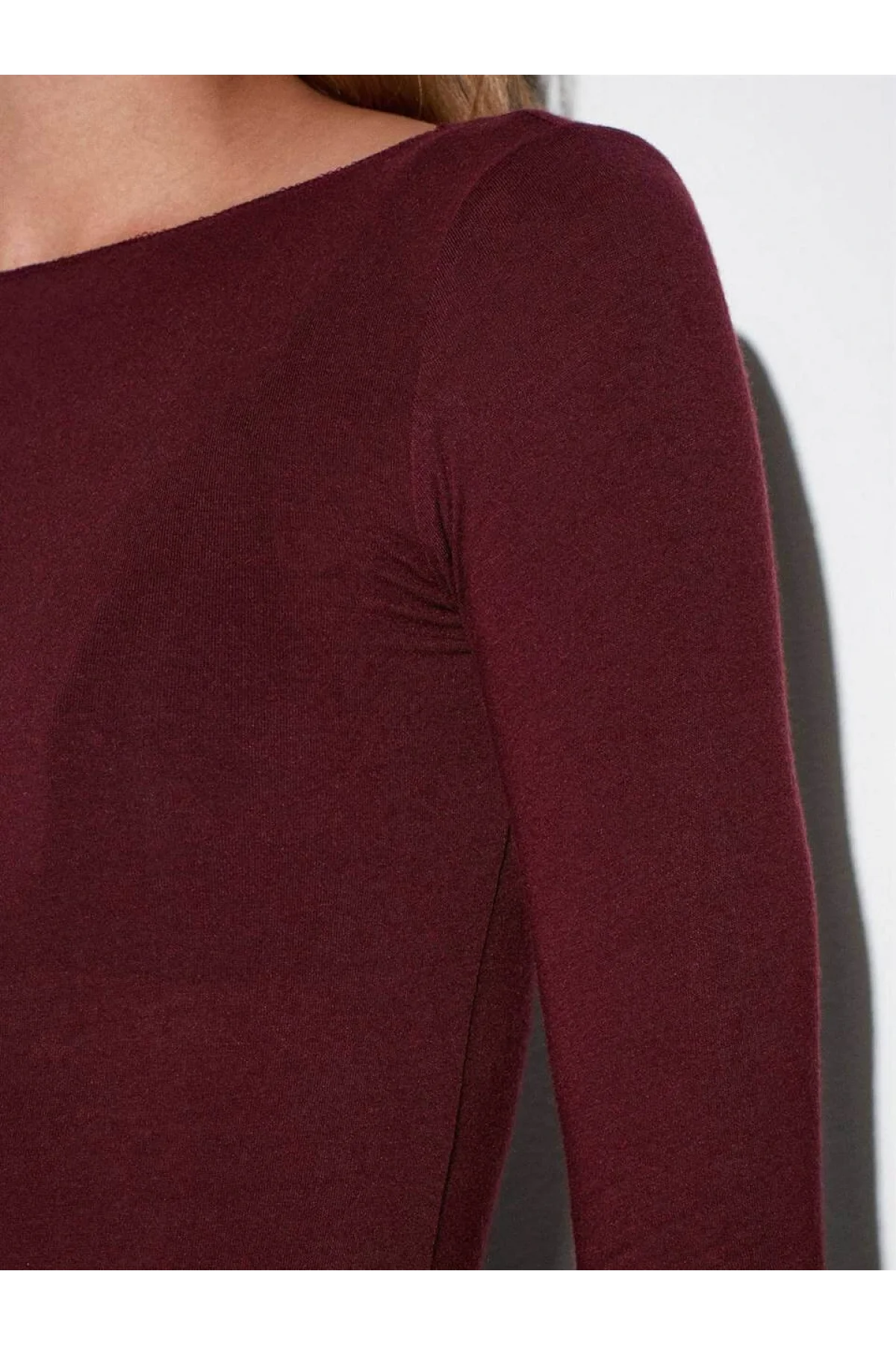 Kadın Bordo Transparan Kayık Yaka Kaşmir Hafif Bluz