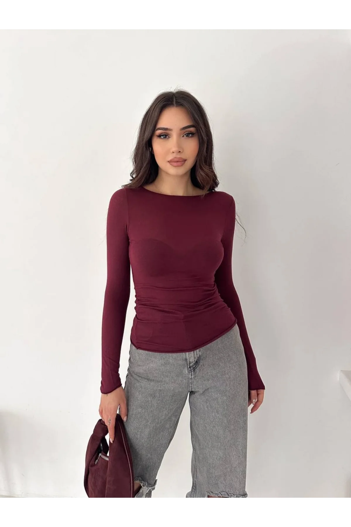 Kadın Bordo Transparan Kayık Yaka Kaşmir Hafif Bluz