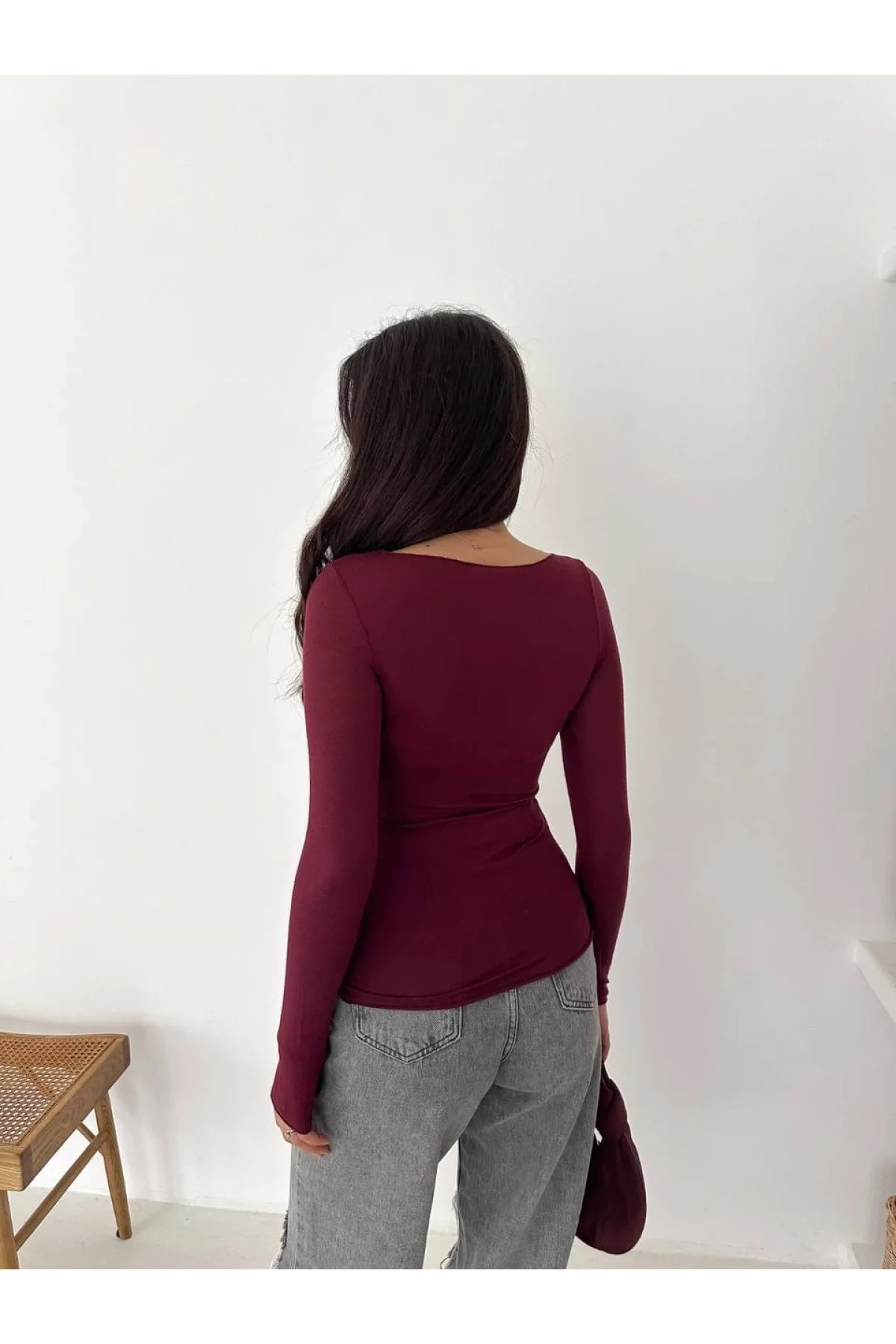 Kadın Bordo Transparan Kayık Yaka Kaşmir Hafif Bluz