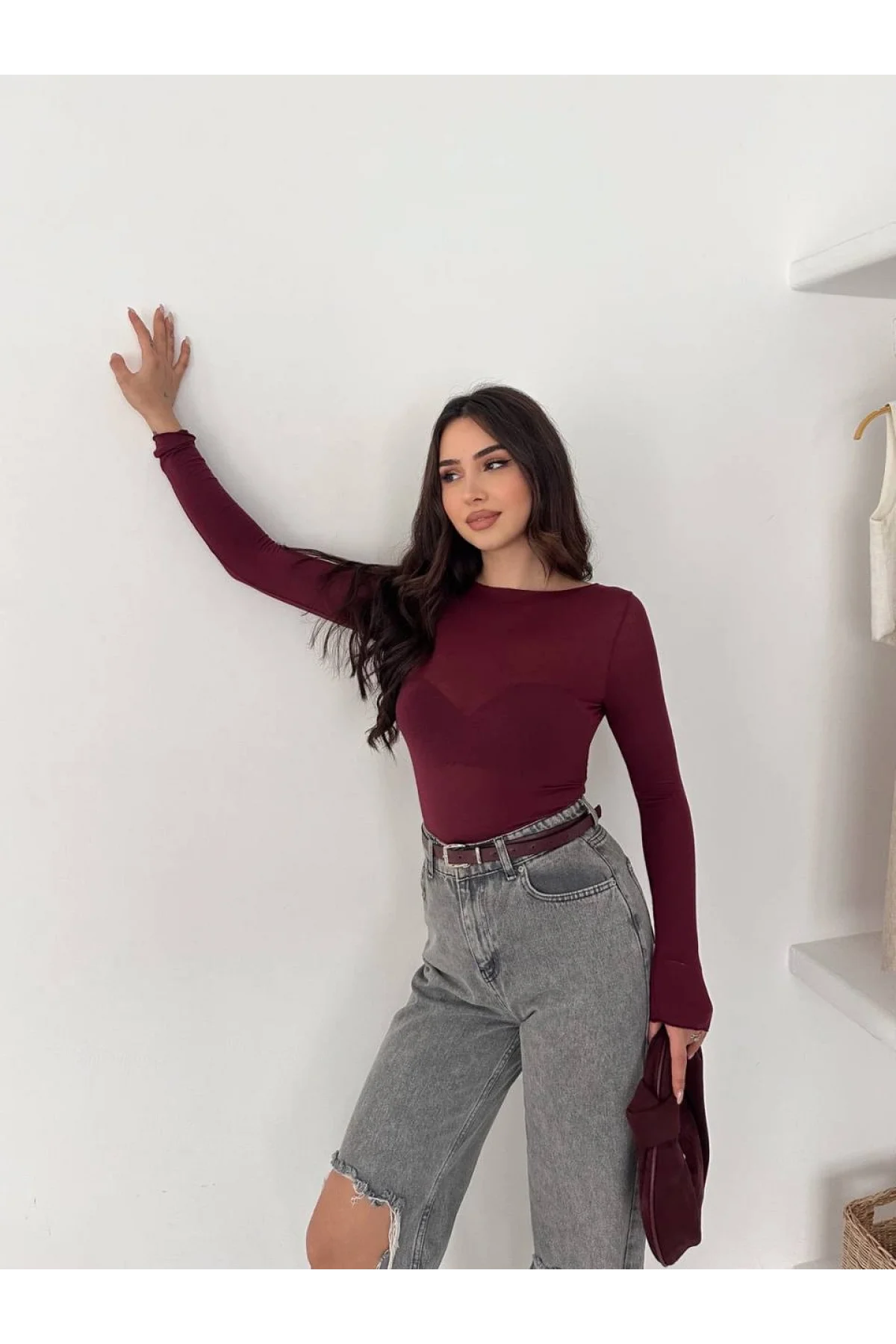 Kadın Bordo Transparan Kayık Yaka Kaşmir Hafif Bluz