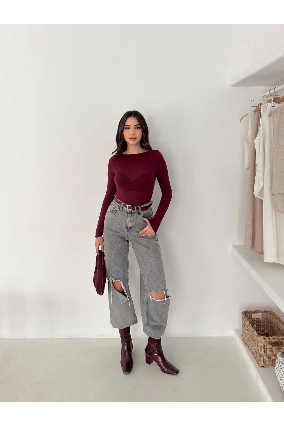 Kadın Bordo Transparan Kayık Yaka Kaşmir Hafif Bluz