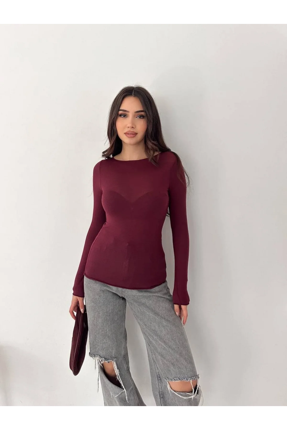 Kadın Bordo Transparan Kayık Yaka Kaşmir Hafif Bluz