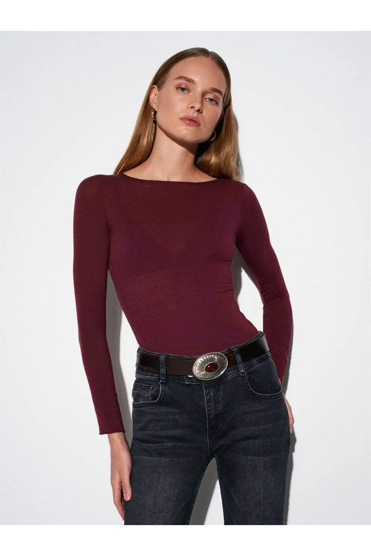 Kadın Bordo Transparan Kayık Yaka Kaşmir Hafif Bluz