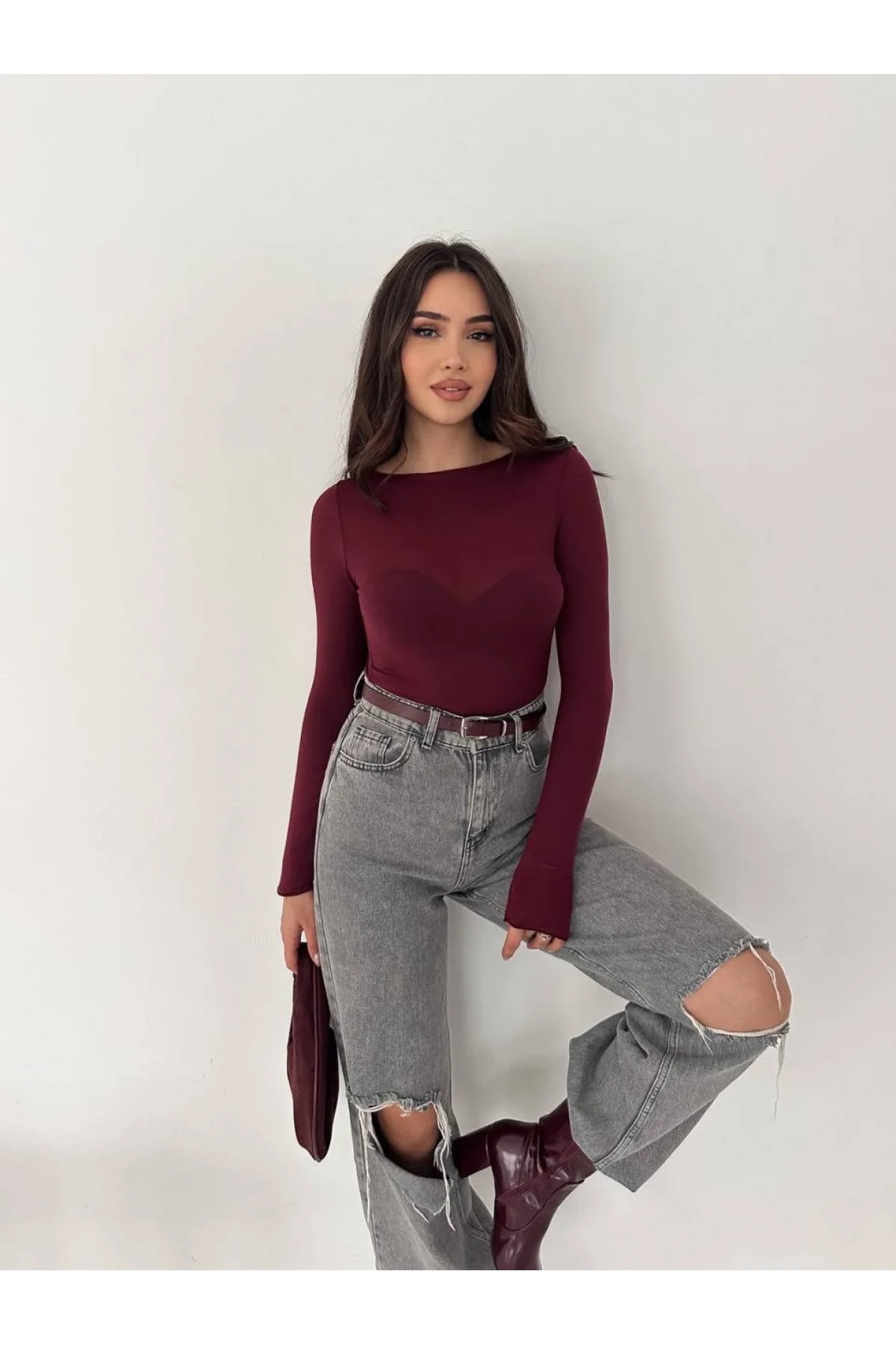 Kadın Bordo Transparan Kayık Yaka Kaşmir Hafif Bluz