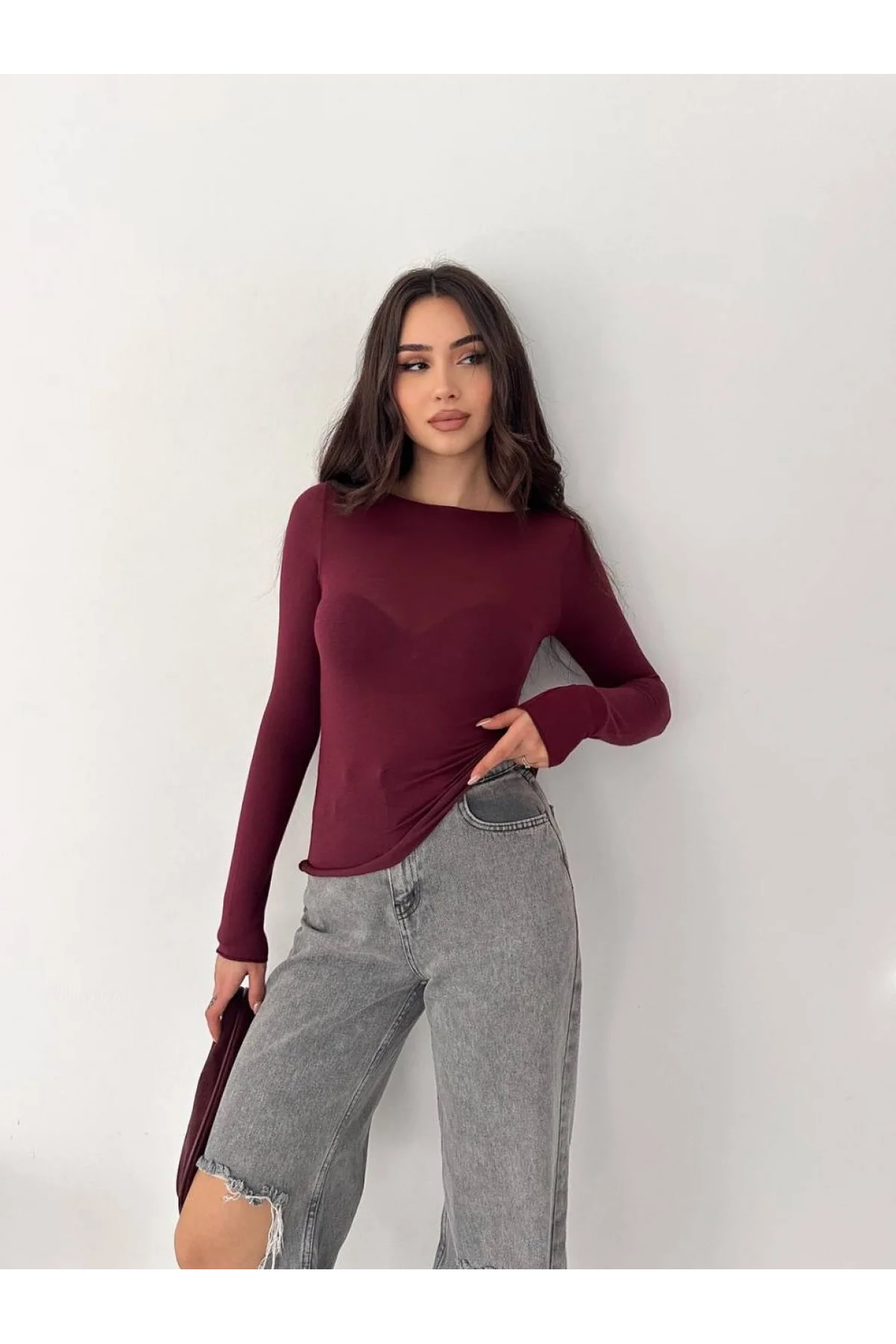 Kadın Bordo Transparan Kayık Yaka Kaşmir Hafif Bluz