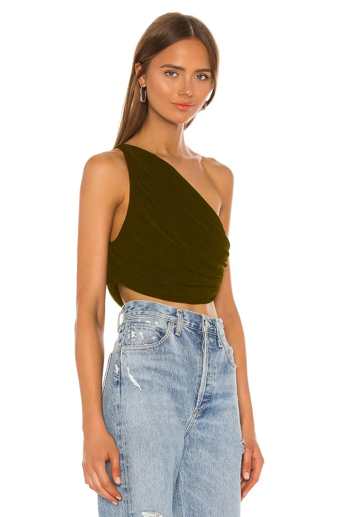 Kadın KahverengiTek Omuz Drapeli Jarse Kumaş Asimetrik Crop Top Bluz Büstiyer