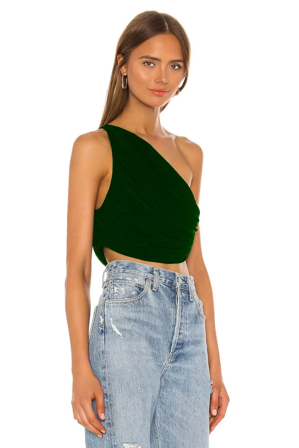 Kadın YeşilTek Omuz Drapeli Jarse Kumaş Asimetrik Vücudu Saran Crop Top Bluz Büstiyer