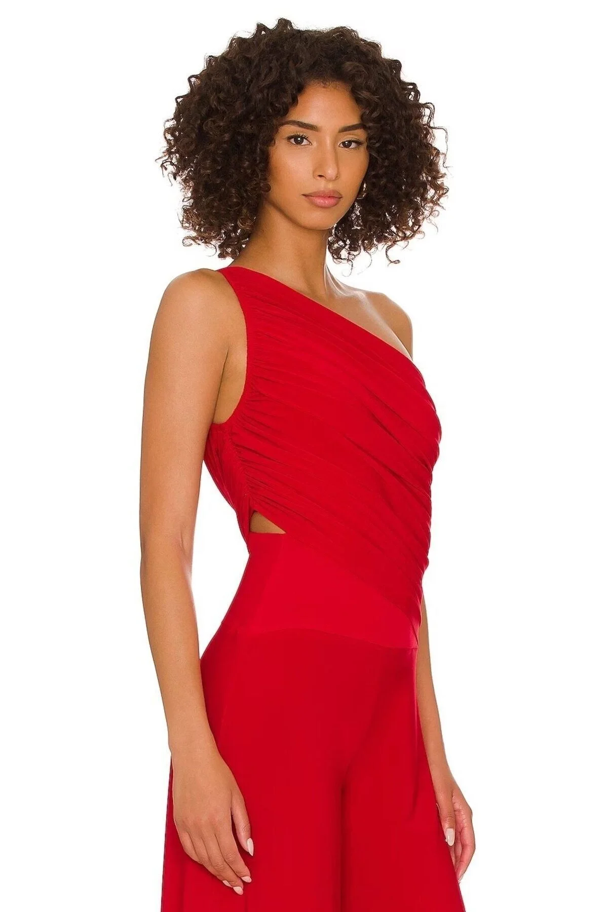 Kadın Kırmızı Tek Omuz Drapeli Jarse Kumaş Asimetrik Vücudu Saran Crop Top Bluz Büstiyer