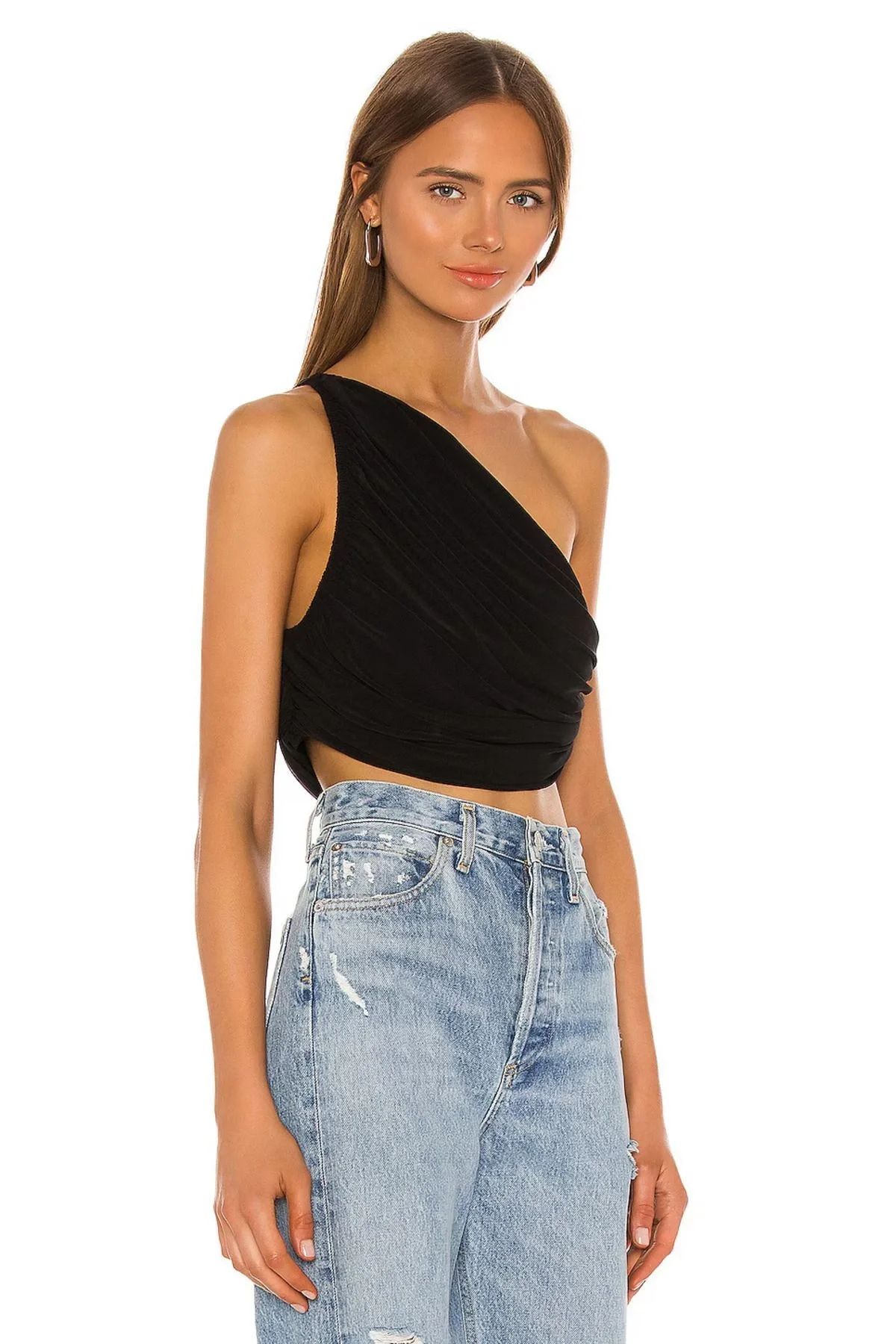Kadın Siyah Tek Omuz Drapeli Jarse Kumaş Asimetrik Crop Top Bluz Büstiyer