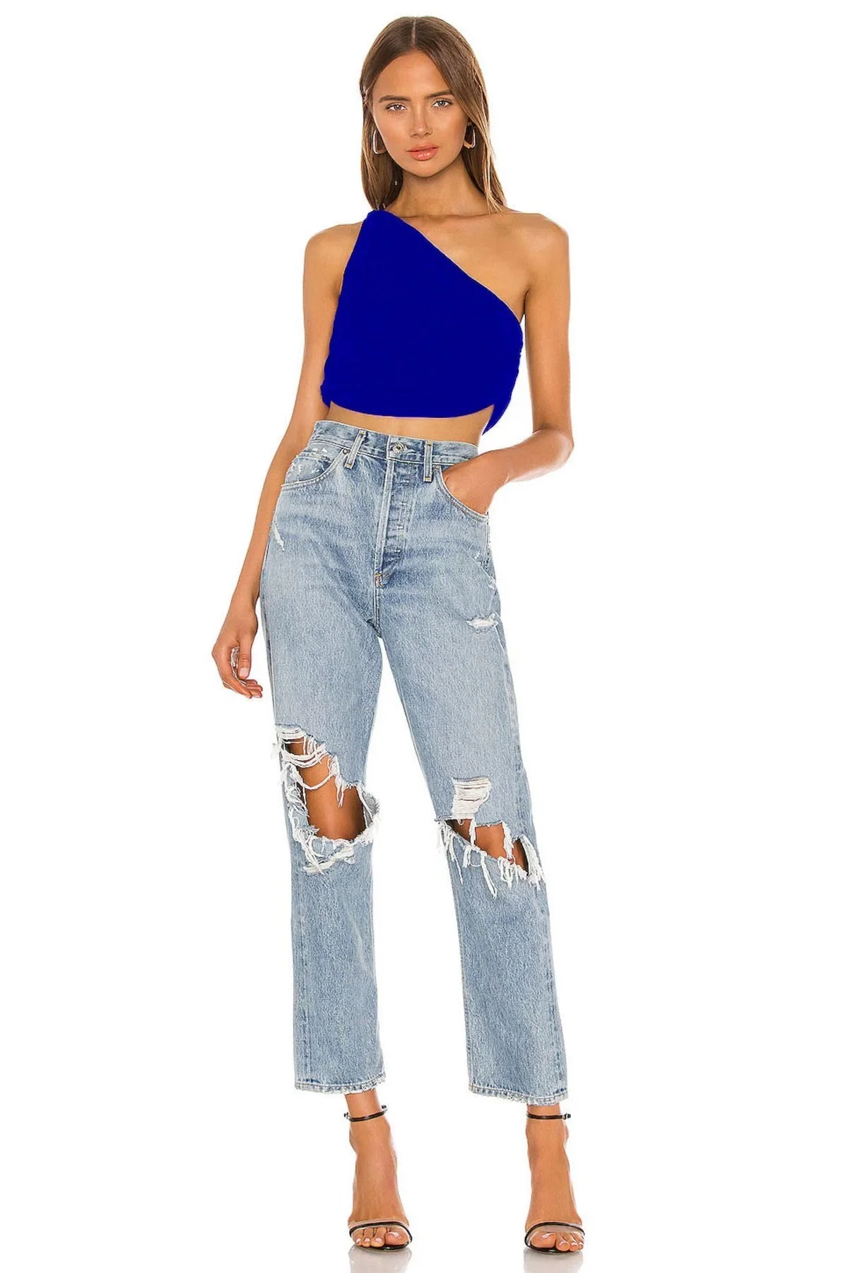 Kadın Mavi Tek Omuz Drapeli Jarse Kumaş Asimetrik Crop Top Bluz Büstiyer