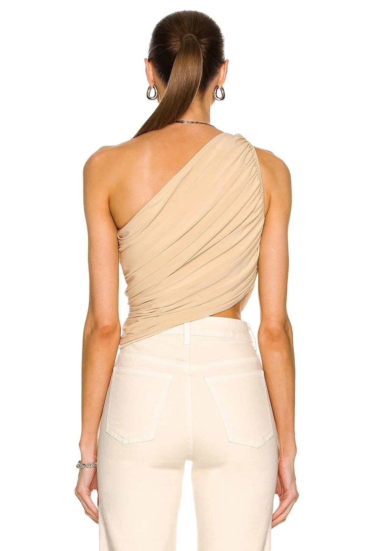 Kadın Bej Tek Omuz Drapeli Jarse Kumaş Asimetrik Vücudu Saran Crop Top Bluz Büstiyer