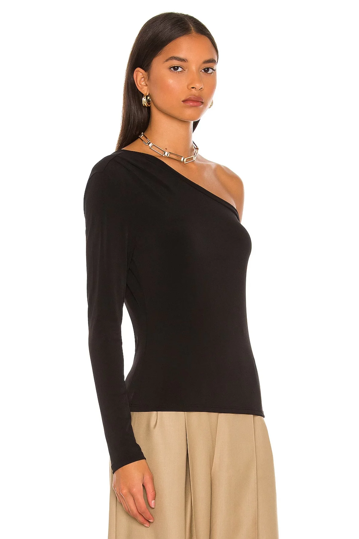 Kadın Siyah Asimetrik Yaka Uzun Kollu Çift Katlı Sandy Kumaş Basic Bluz