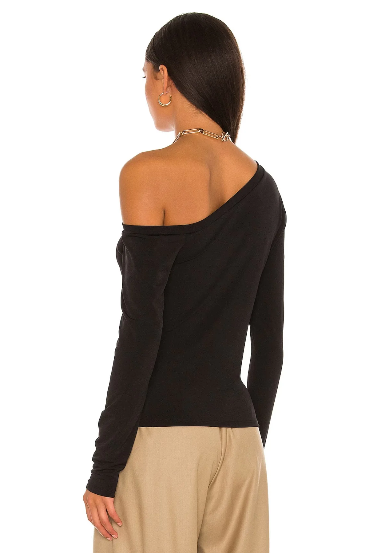 Kadın Siyah Asimetrik Yaka Uzun Kollu Çift Katlı Sandy Kumaş Basic Bluz