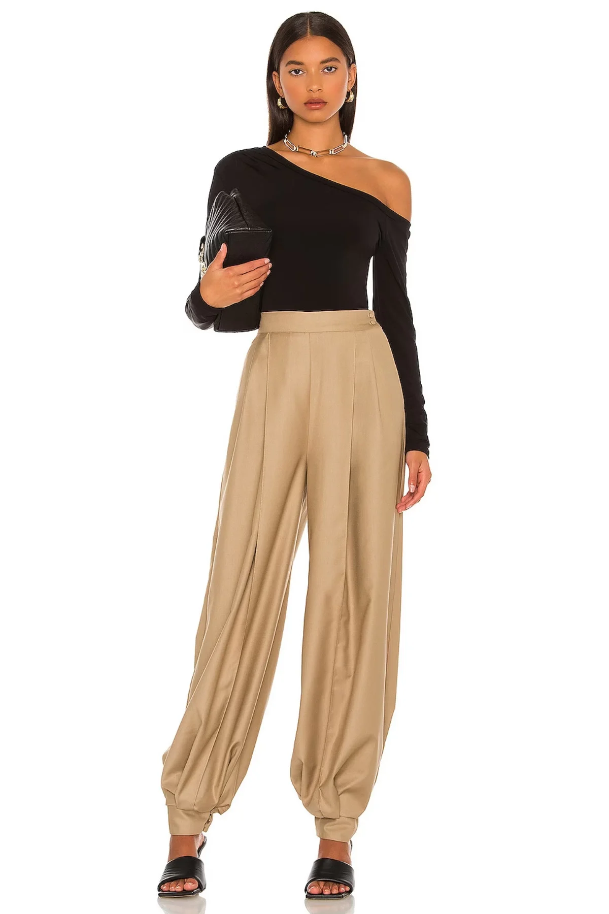 Kadın Siyah Asimetrik Yaka Uzun Kollu Çift Katlı Sandy Kumaş Basic Bluz