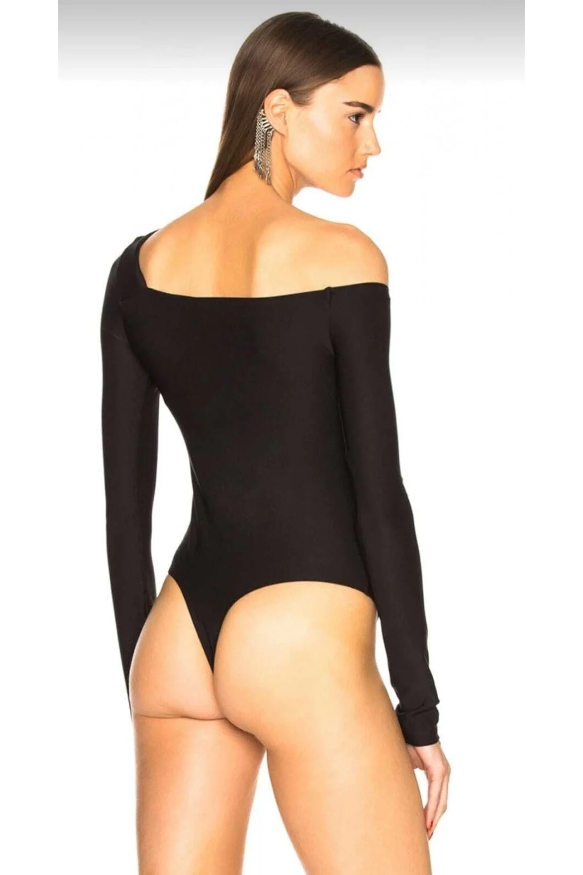 Kadın Siyah Çift Katlı Sandy Kumaş Asimetrik Yaka Uzun Kol Çıtçıtlı Bodysuit