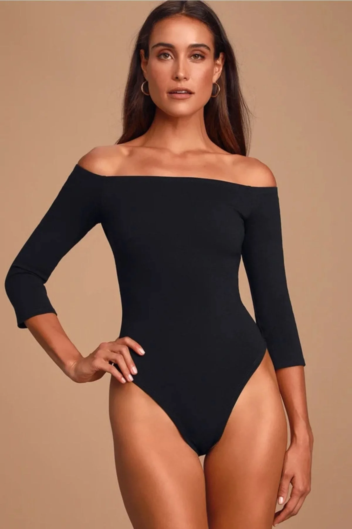 Kadın Siyah Karşı Omuz 3/4 Kol Sandy Kumaş Çift Katlı Tanga Bodysuit