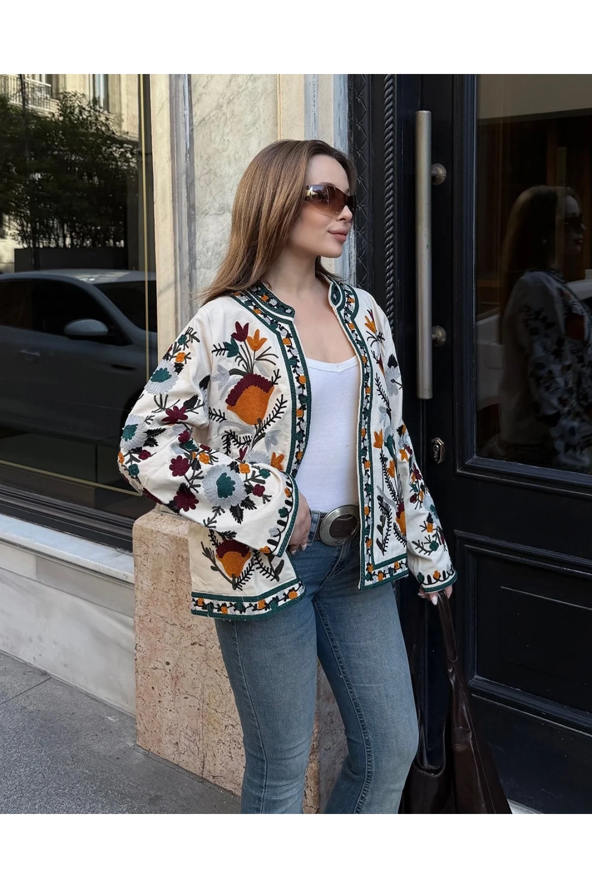 Kadın Ekru Renkli Çiçek Nakış İşlemeli Yakasız Mevsimlik Denim Pinterest Ceket