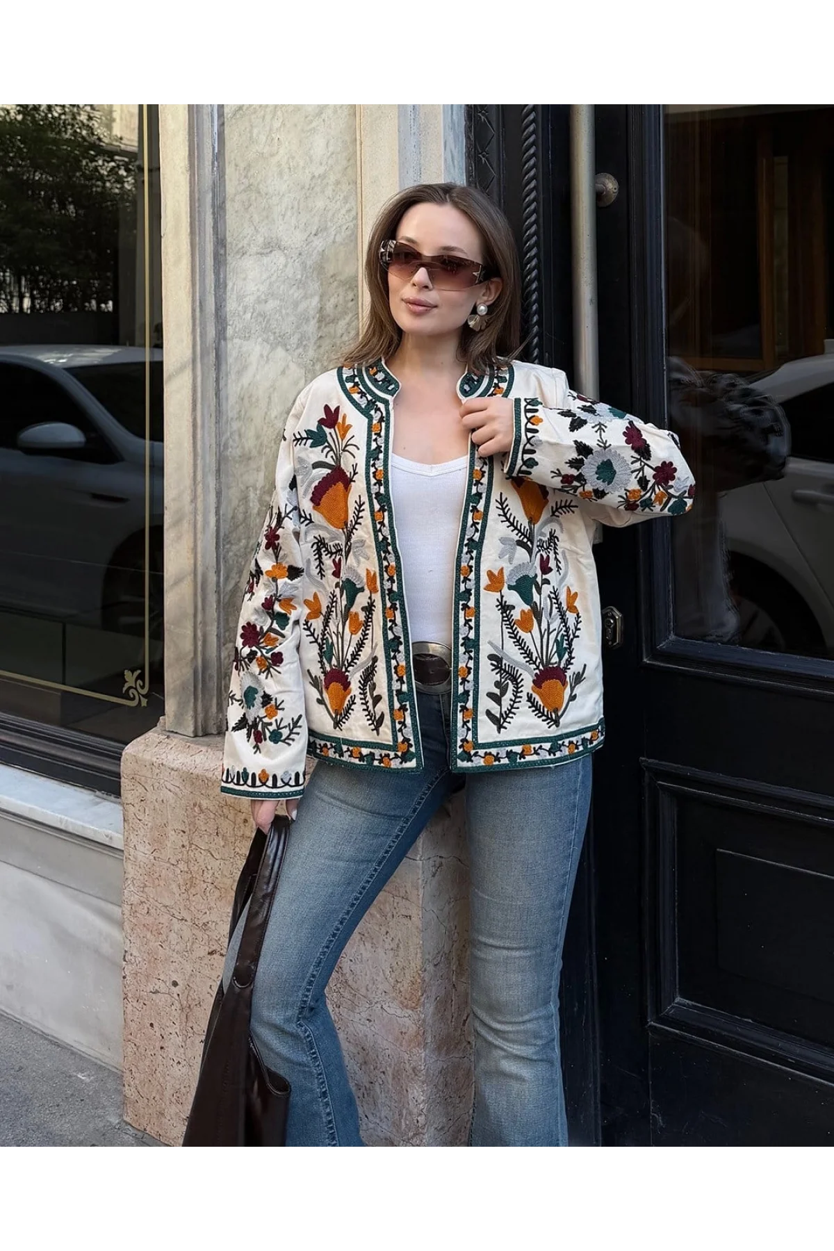 Kadın Ekru Renkli Çiçek Nakış İşlemeli Yakasız Mevsimlik Denim Pinterest Ceket