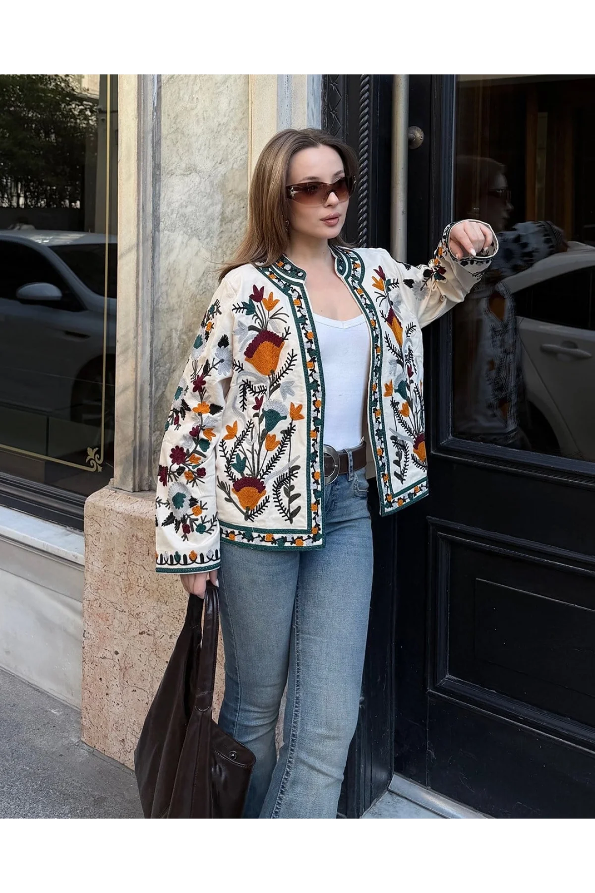 Kadın Ekru Renkli Çiçek Nakış İşlemeli Yakasız Mevsimlik Denim Pinterest Ceket