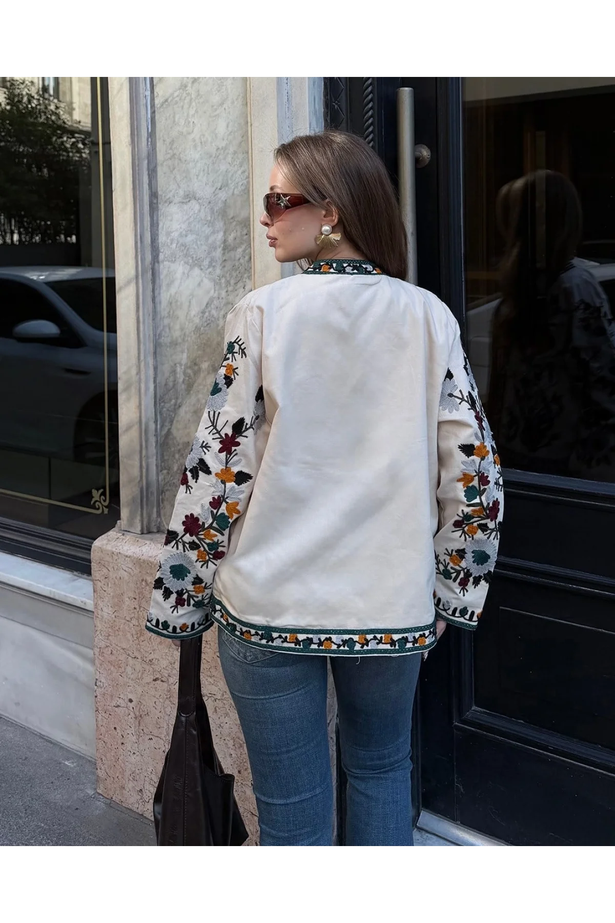Kadın Ekru Renkli Çiçek Nakış İşlemeli Yakasız Mevsimlik Denim Pinterest Ceket