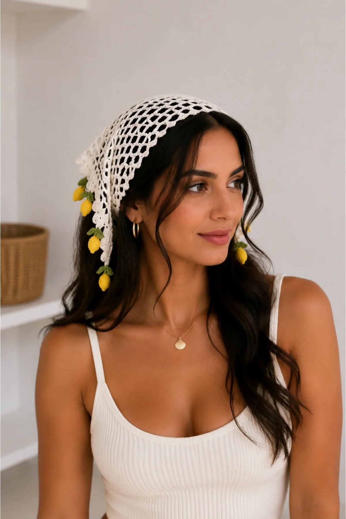 Kadın Ekru Triko Limon Sallantılı Örgü Bandana Yazlık Saç Eşarbı