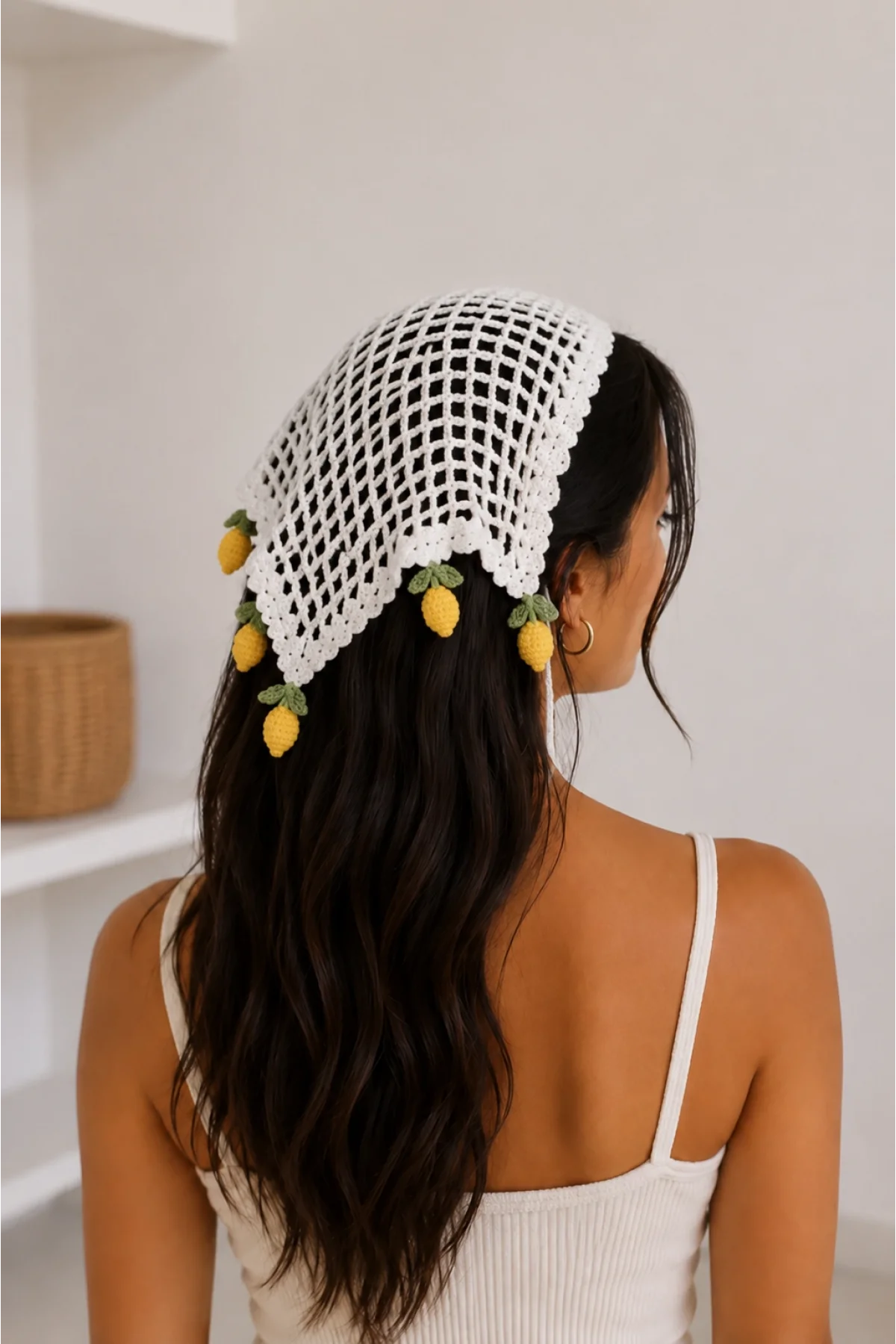 Kadın Ekru Triko Limon Sallantılı Örgü Bandana Yazlık Saç Eşarbı