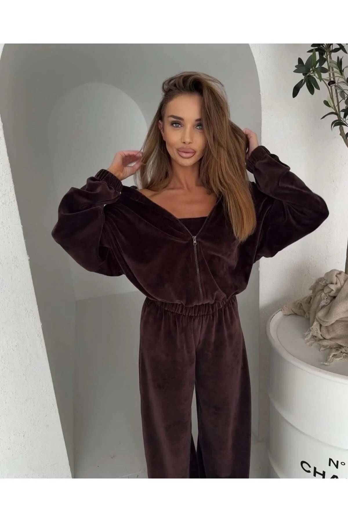 Kadın Kahverengi 3lü Fransız Kadife Eşofman Takımı Ceket, Straplez ve Geniş Paça Pantolon