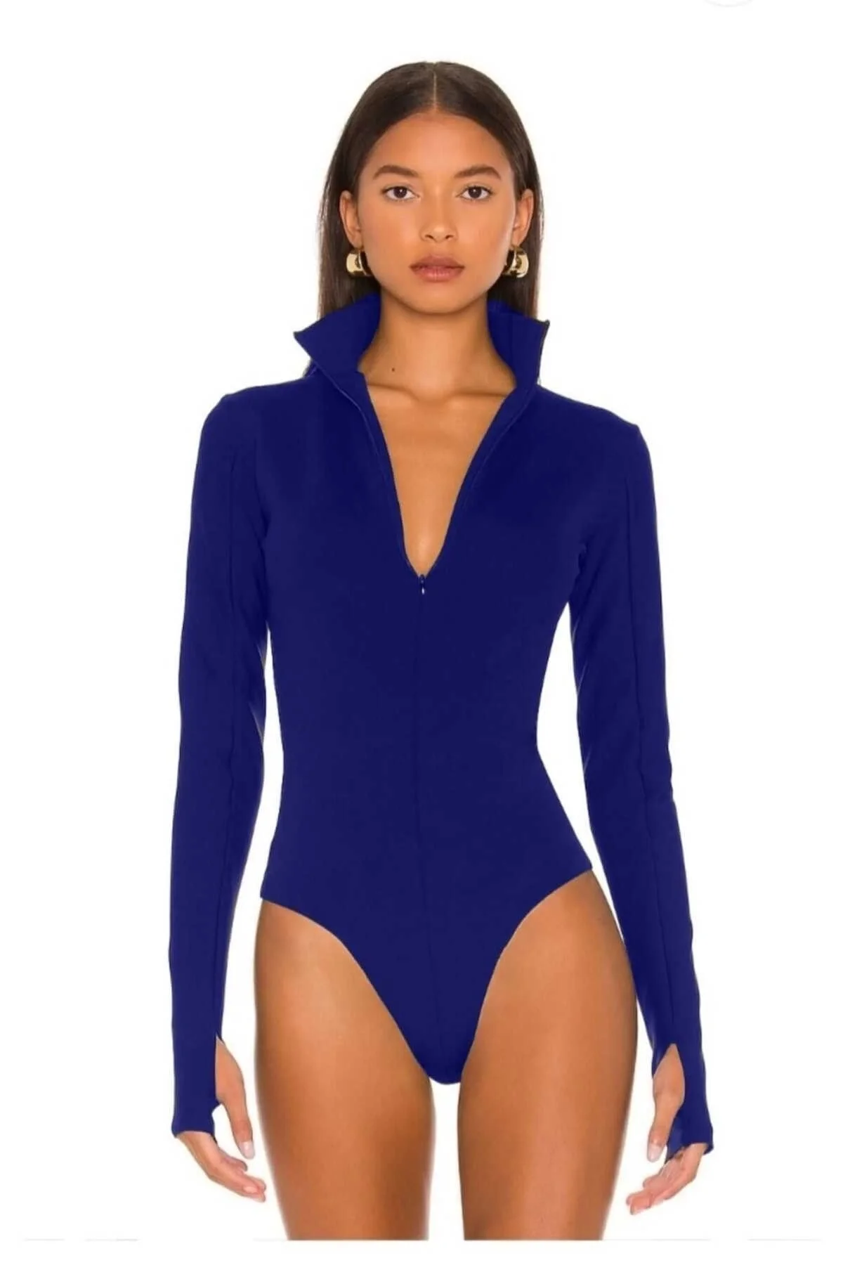 Kadın Fermuar Detay Çift Kat İpek Jarse Bodysuit