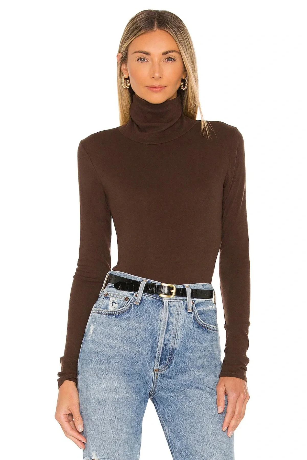 Kadın Acı Kahve Çift Katlı Sandy Kumaş Balıkçı Yaka Uzun Kol Slim Fit Bluz
