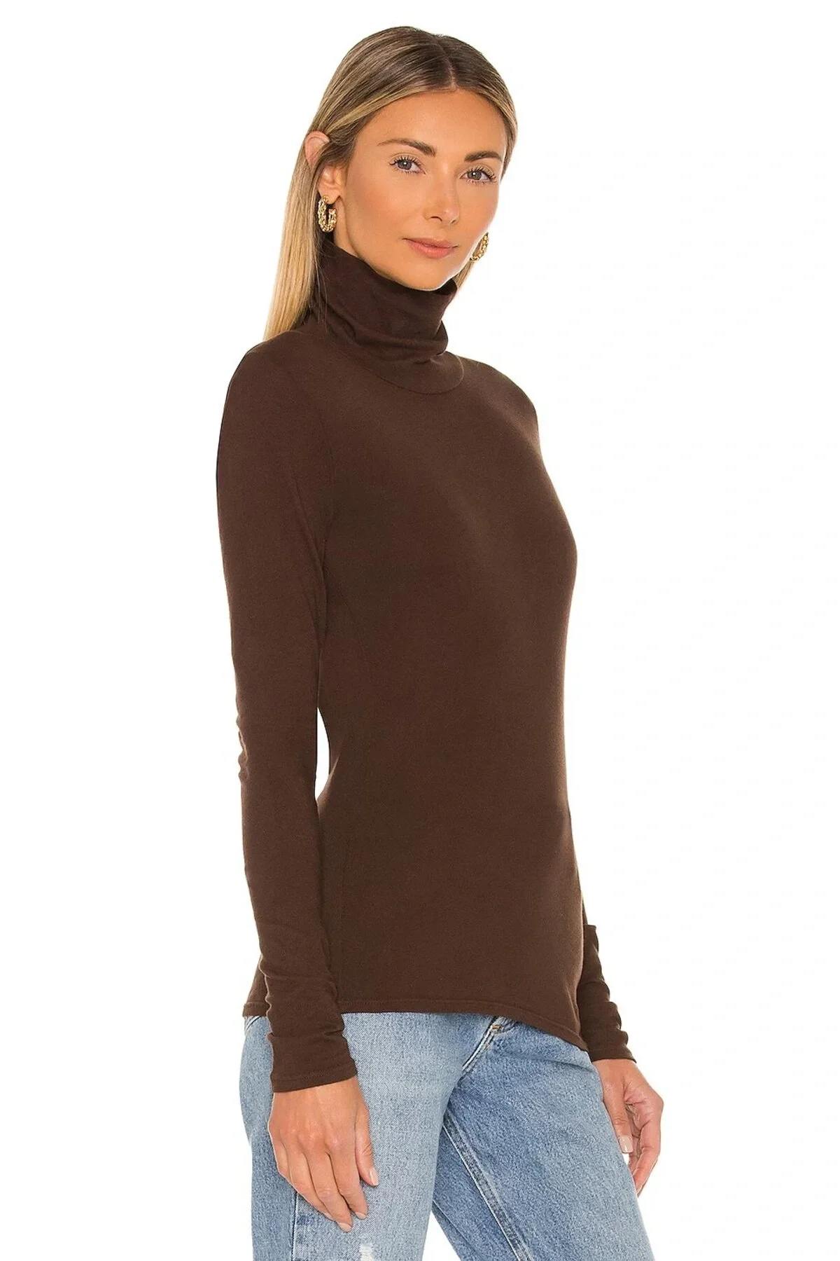 Kadın Acı Kahve Çift Katlı Sandy Kumaş Balıkçı Yaka Uzun Kol Slim Fit Bluz