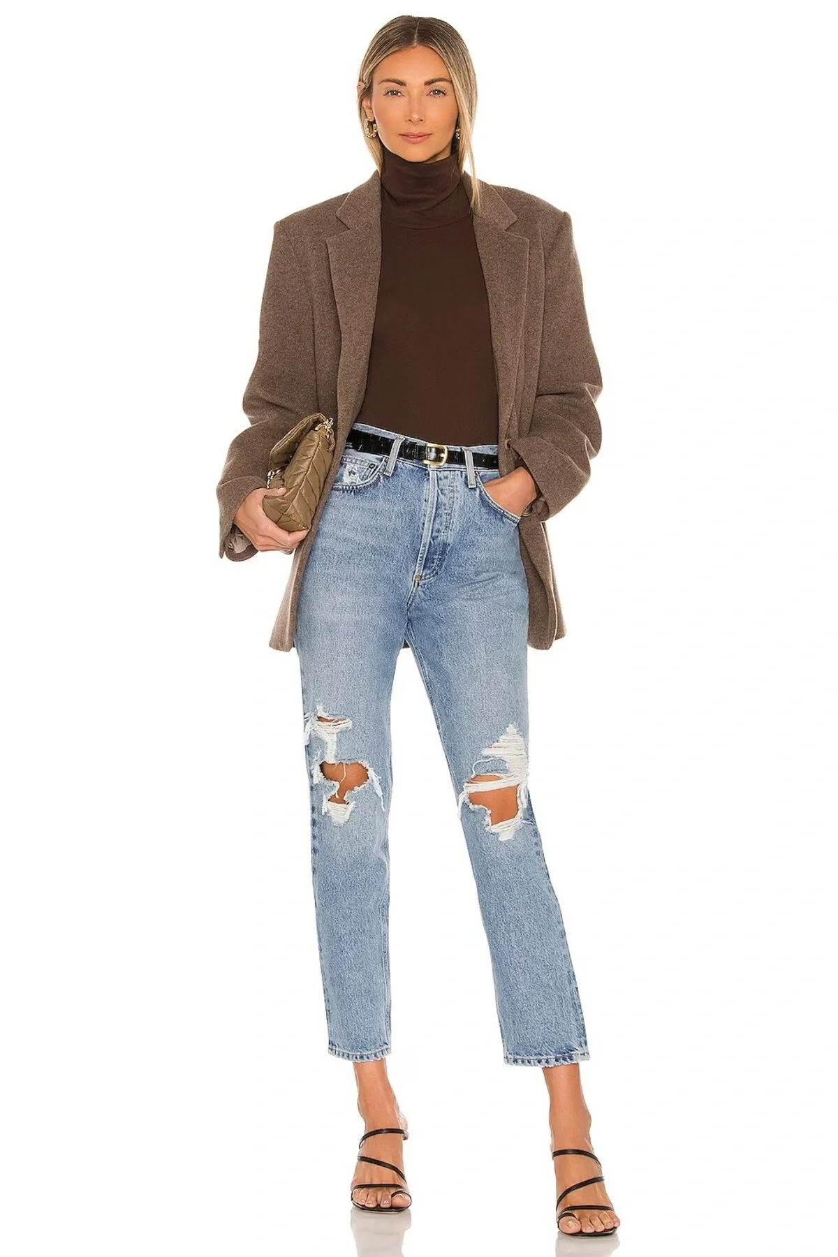 Kadın Acı Kahve Çift Katlı Sandy Kumaş Balıkçı Yaka Uzun Kol Slim Fit Bluz