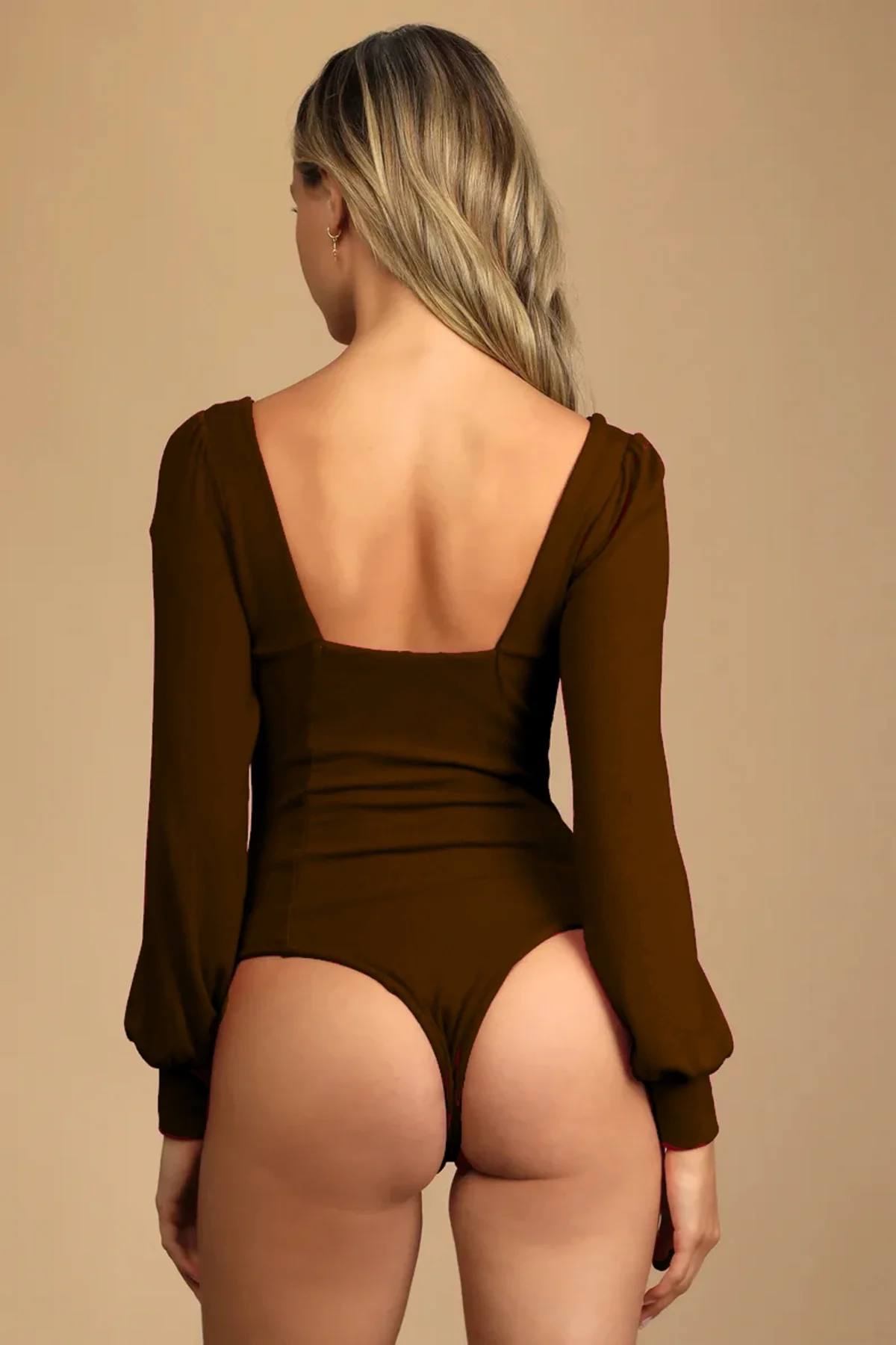 Acı Kahve Çift Katlı Sandy Kumaş Kalp Yaka Uzun Kol Çıtçıtlı Tanga Bodysuit