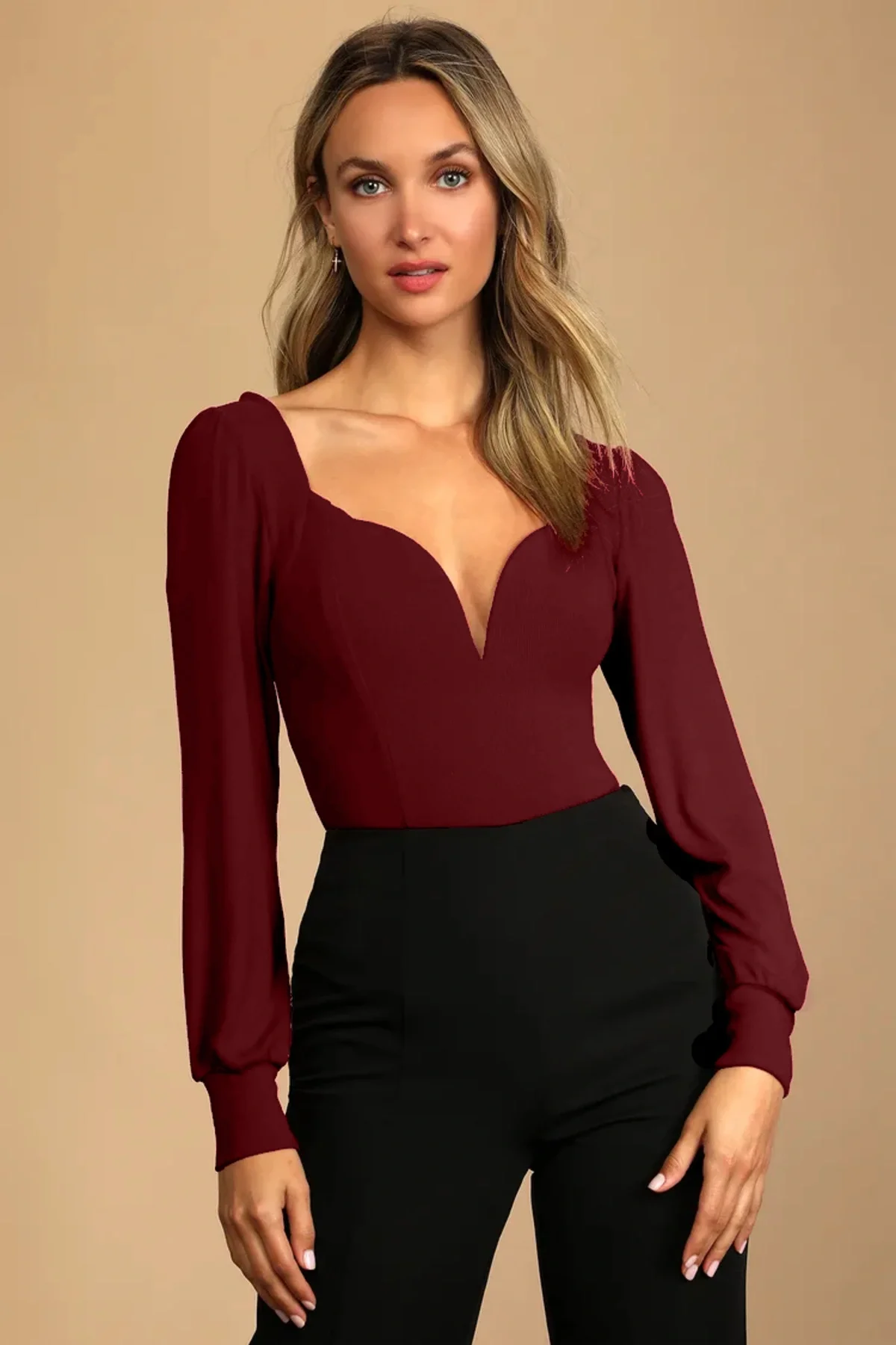 Kadın Bordo Çift Katlı Sandy Kumaş Kalp Yaka Uzun Kol Çıtçıtlı Tanga Bodysuit