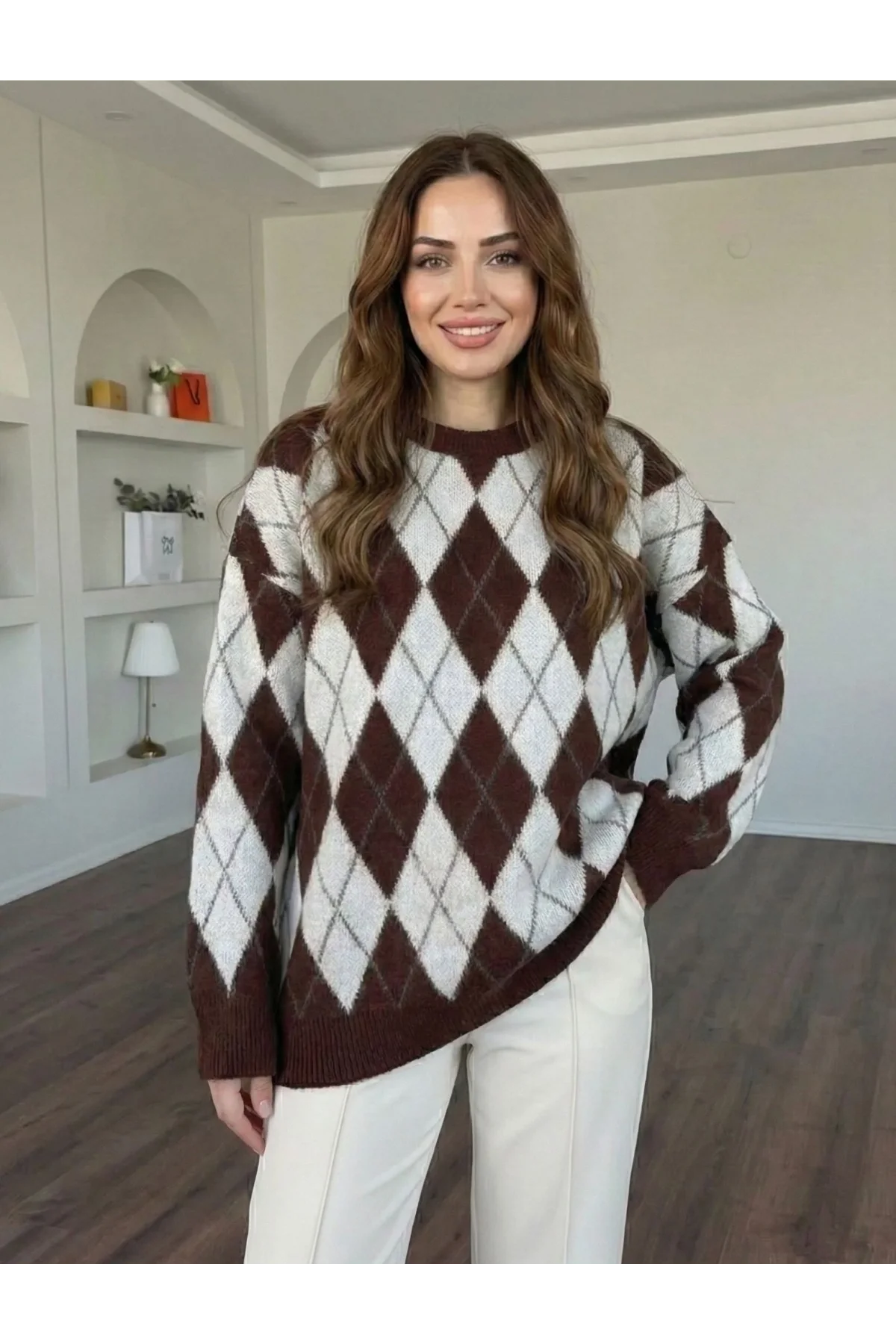 Kadın Kahverengi Baklava Desenli Bisiklet Yaka Oversize Yumuşak Dokulu Triko Kazak