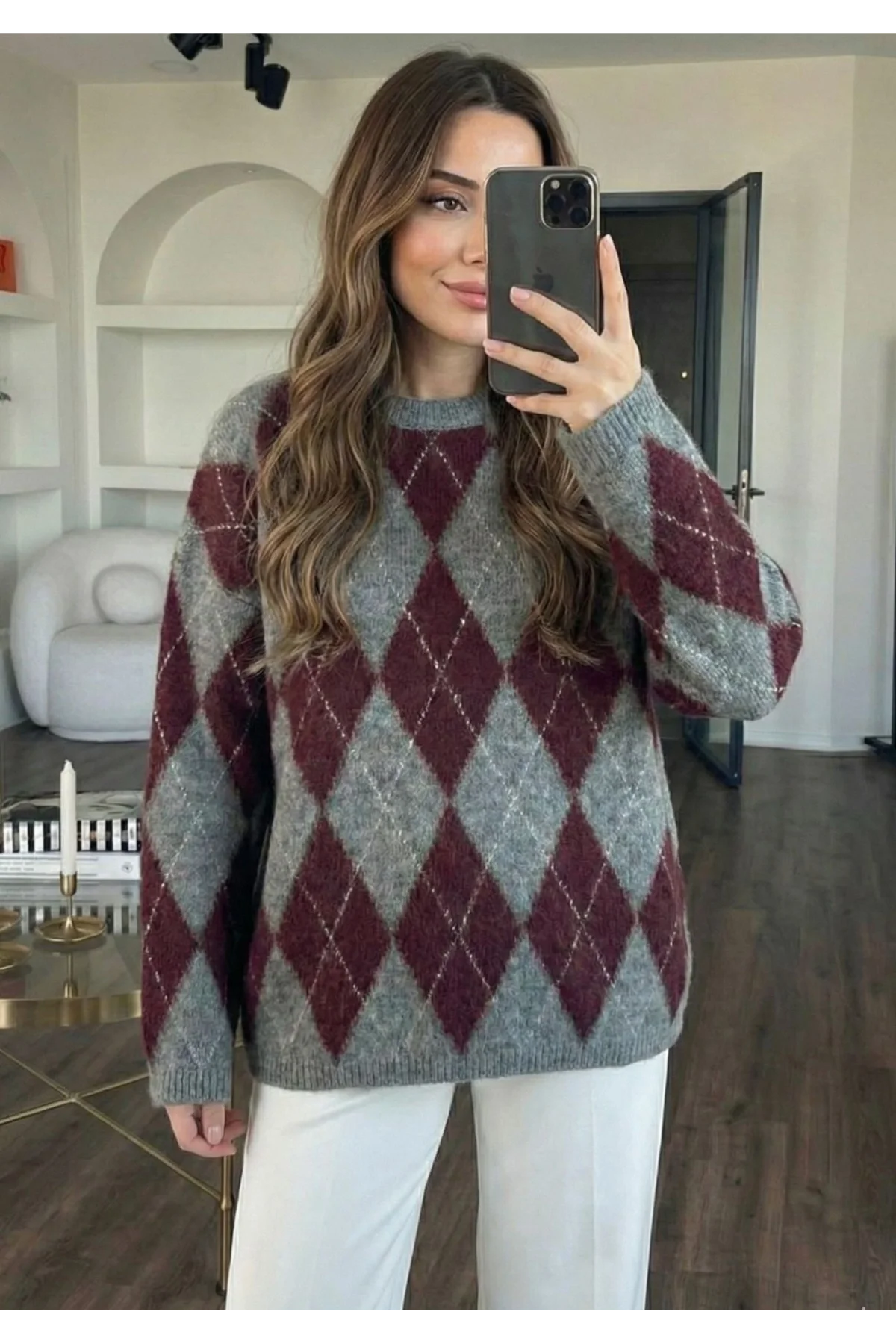 Kadın Gri Bordo Baklava Desenli Bisiklet Yaka Oversize Yumuşak Dokulu Triko Kazak