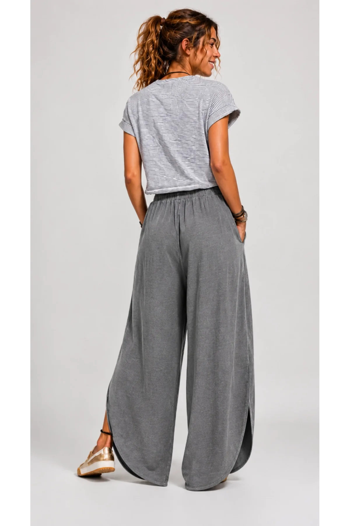 Kadın Gri Keten Yırtmaçlı Kruvaze Bohem Pinterest Geniş Paça Etek Pantolon