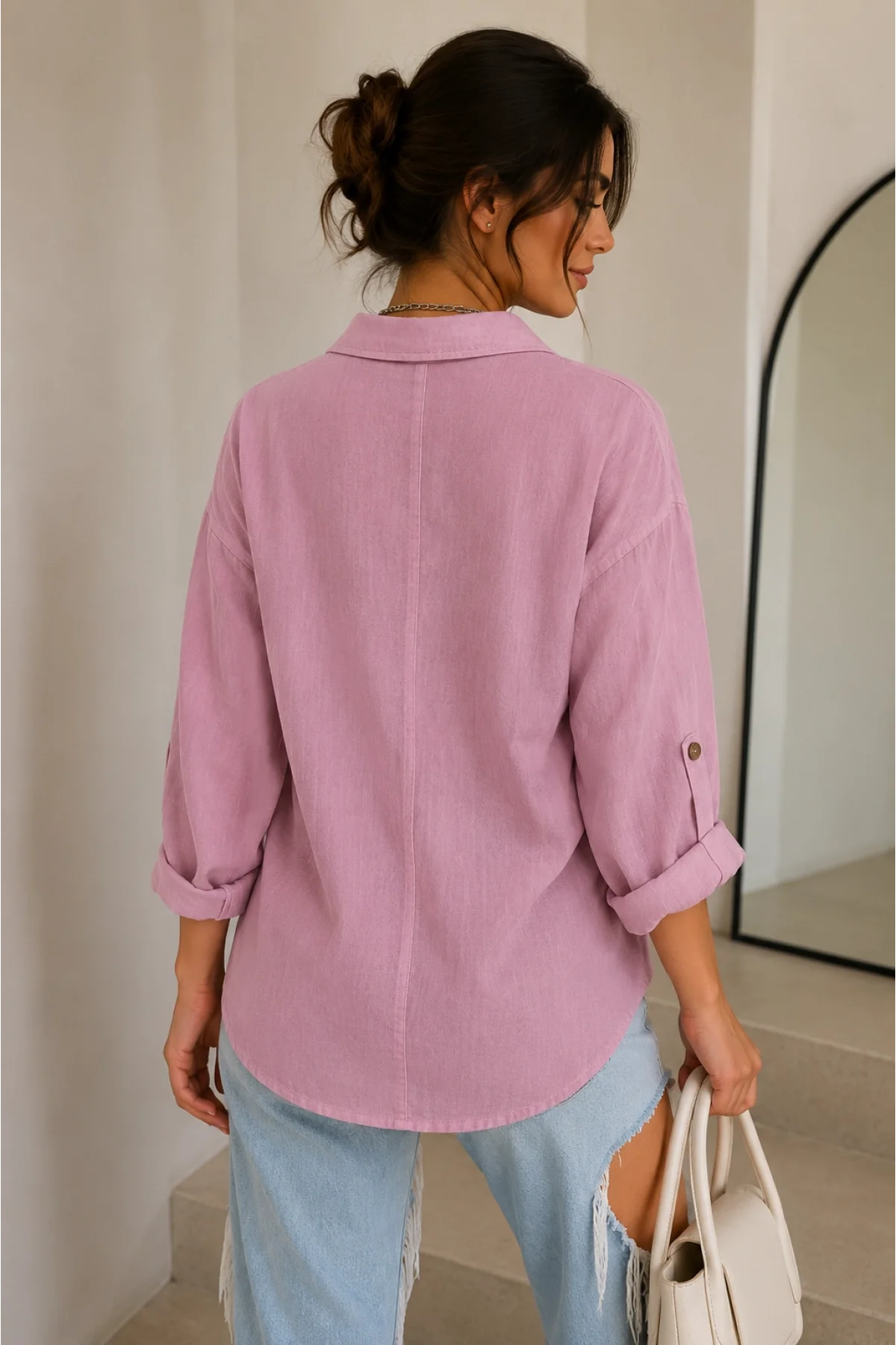 Kadın Gül Kurusu Pamuklu Keten Çift Cepli Ahşap Düğme Pinterest Oversize Gömlek