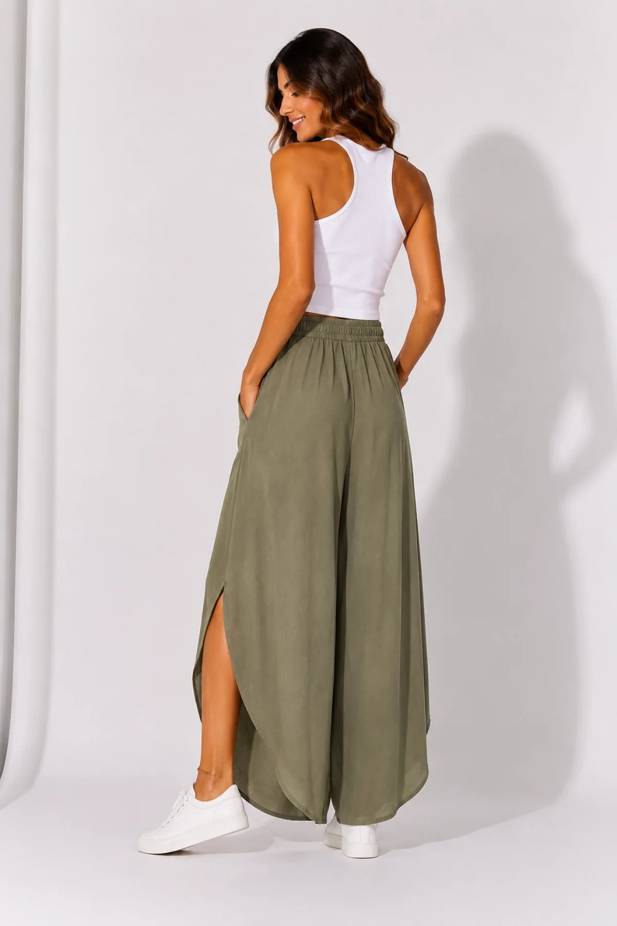 Kadın Haki Keten Yırtmaçlı Kruvaze Bohem Pinterest Geniş Paça Etek Pantolon
