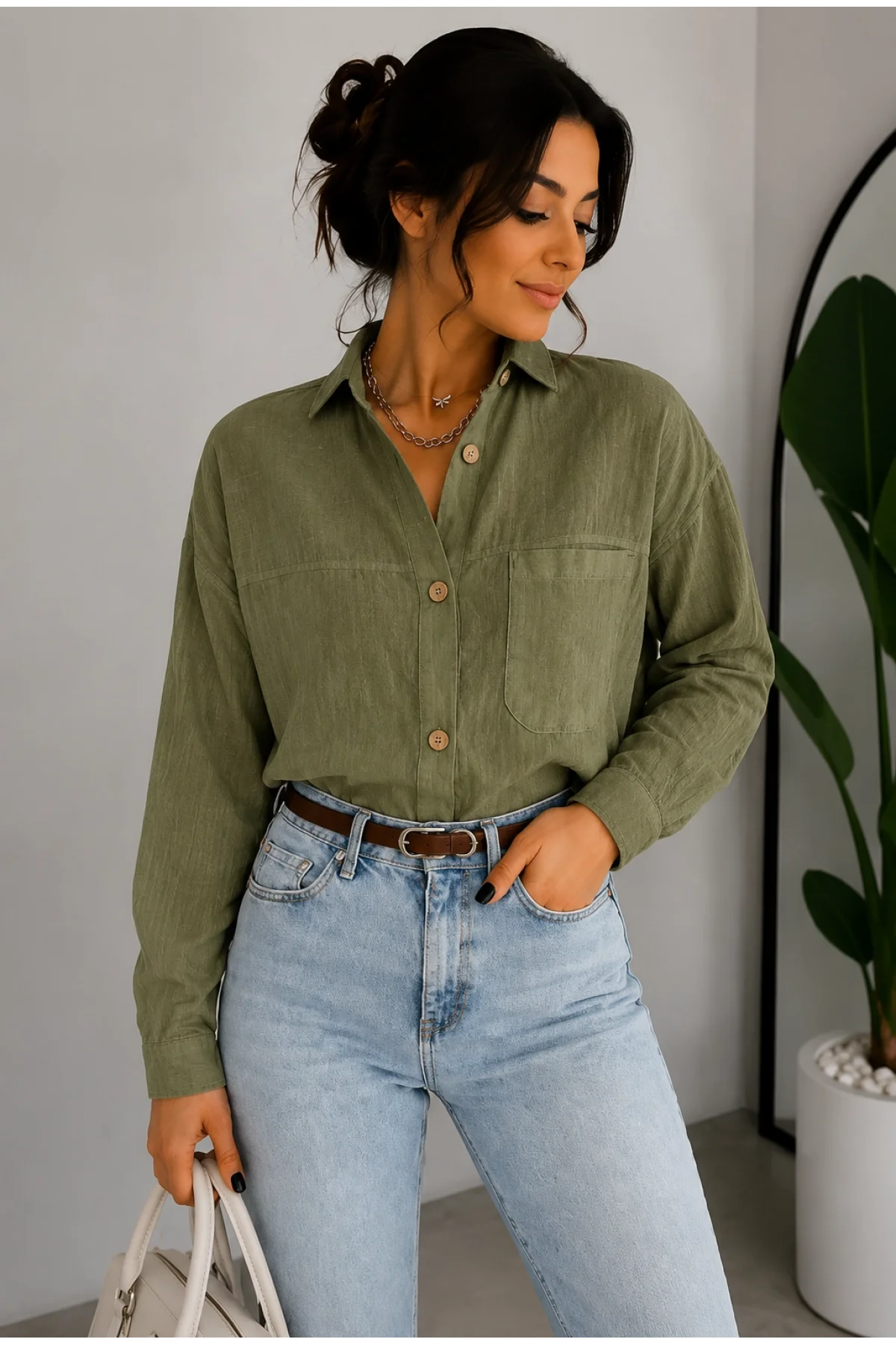 Kadın Haki Pamuklu Keten Tek Cepli Bohem Pinterest Oversize Gömlek