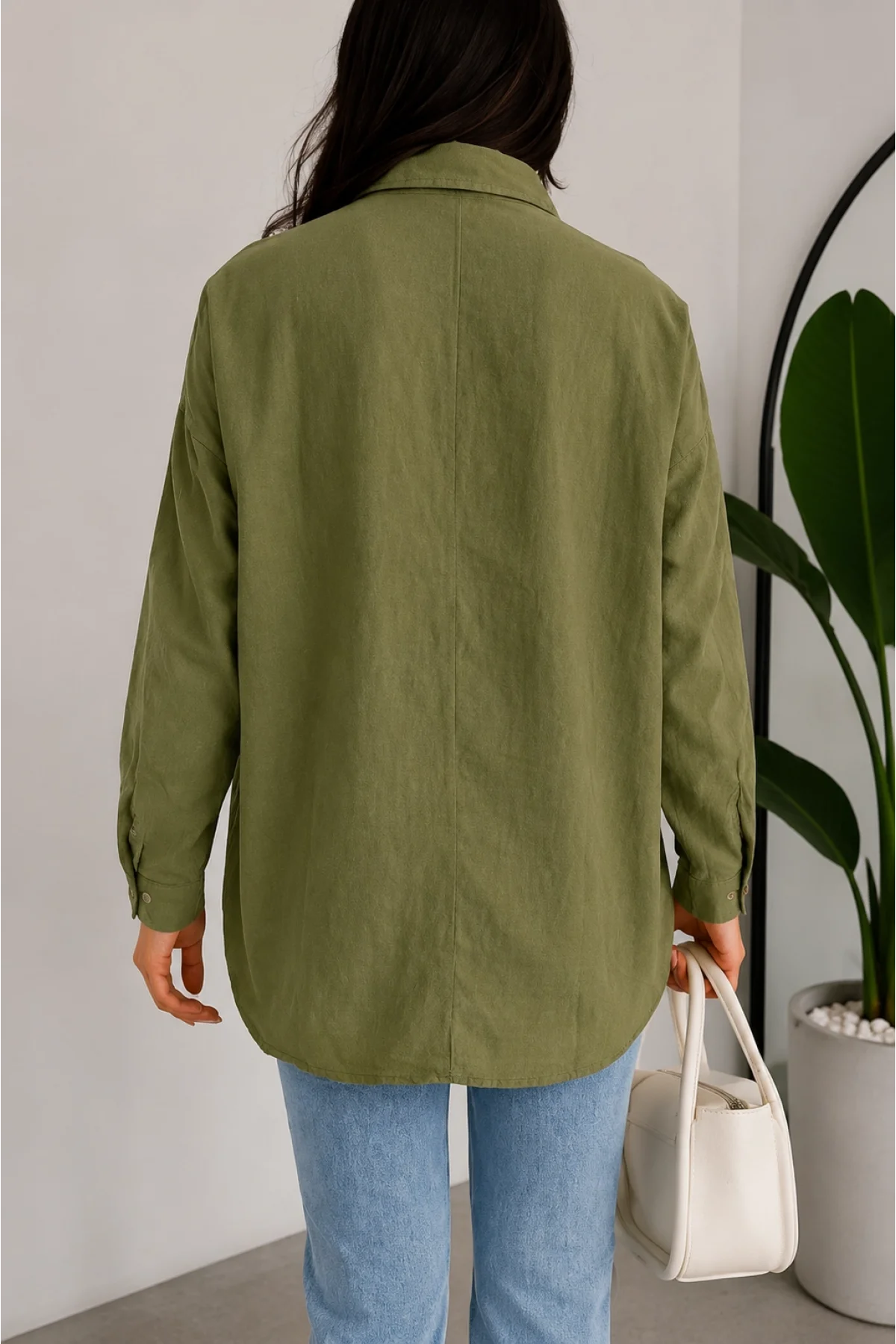 Kadın Haki Pamuklu Keten Tek Cepli Bohem Pinterest Oversize Gömlek