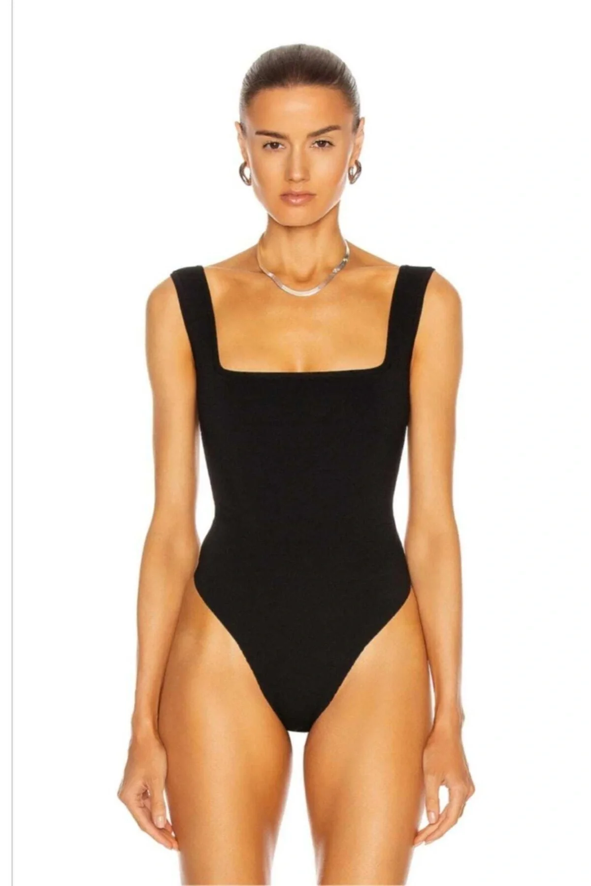 Kadın Siyah Kare Yaka Kalın Askılı Çift Katlı Tanga Kesim Sandy Bodysuit